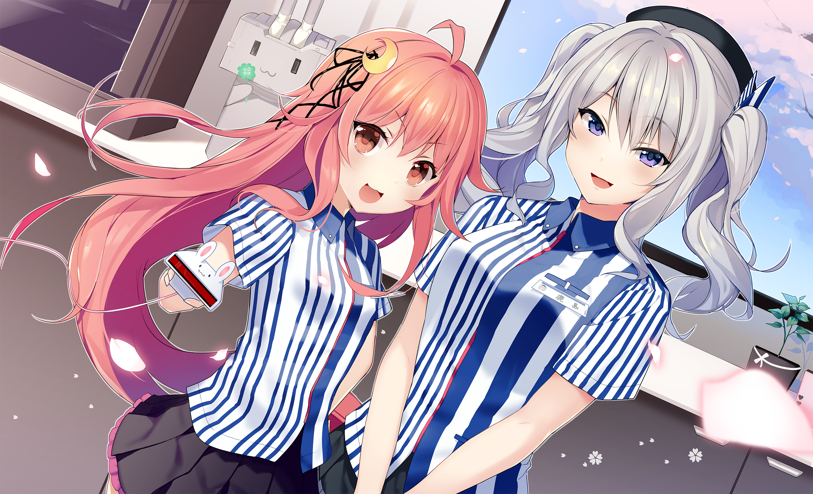 Two anime girls in striped uniforms HD Wallpaper