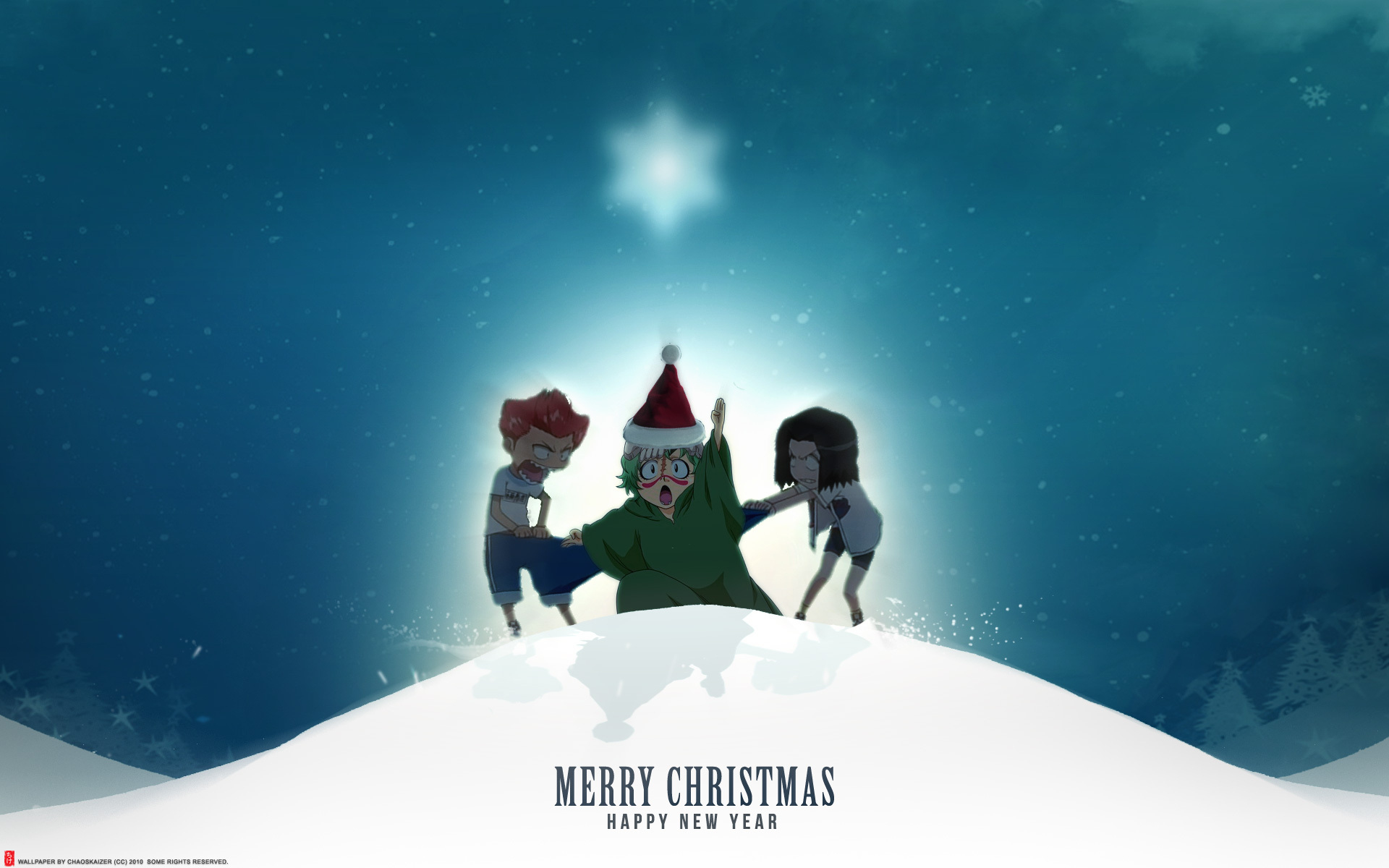 3 characters on a snowy hill with Merry Christmas text HD Wallpaper