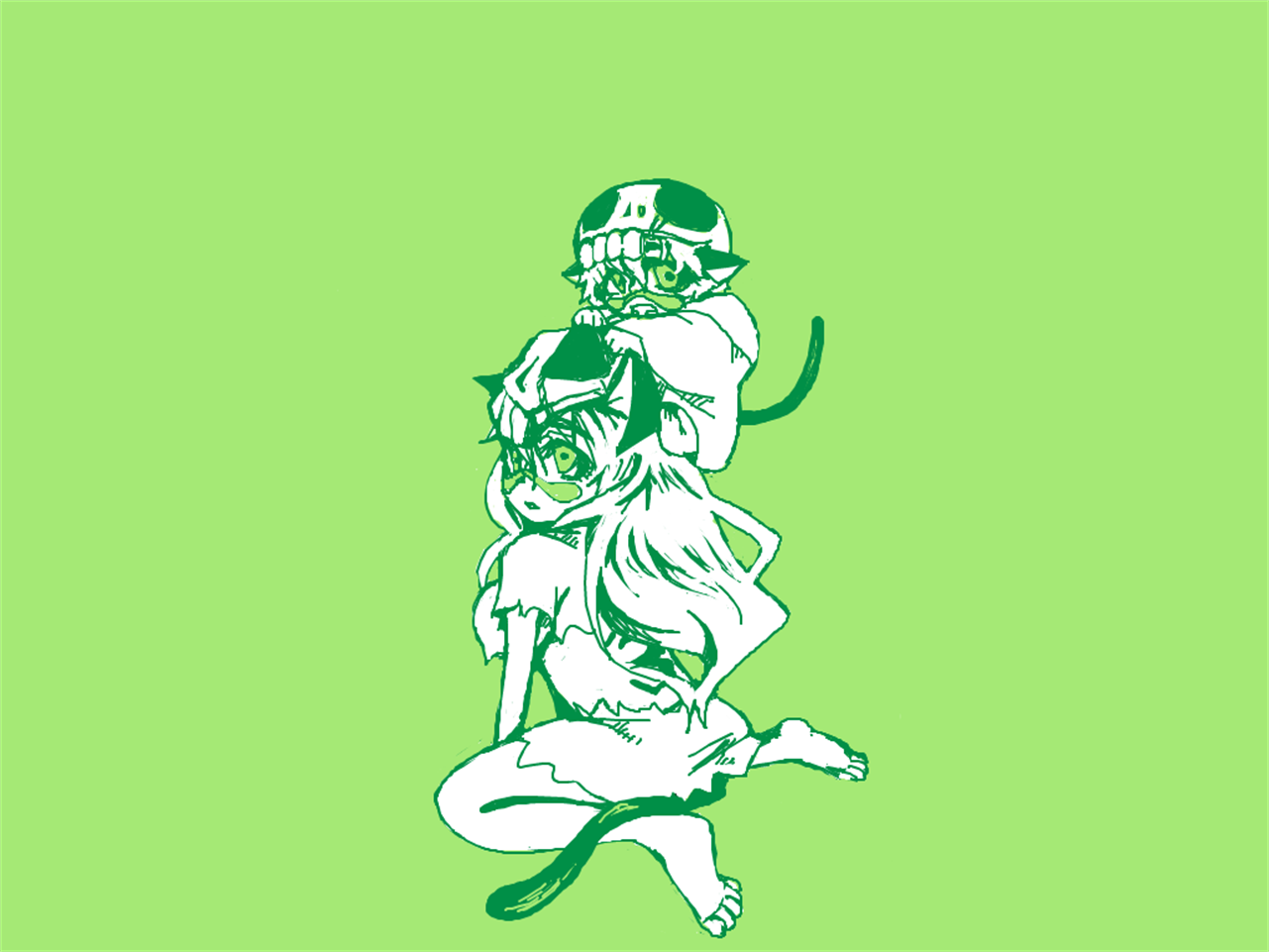 Anime characters with cat ears on green background HD Wallpaper