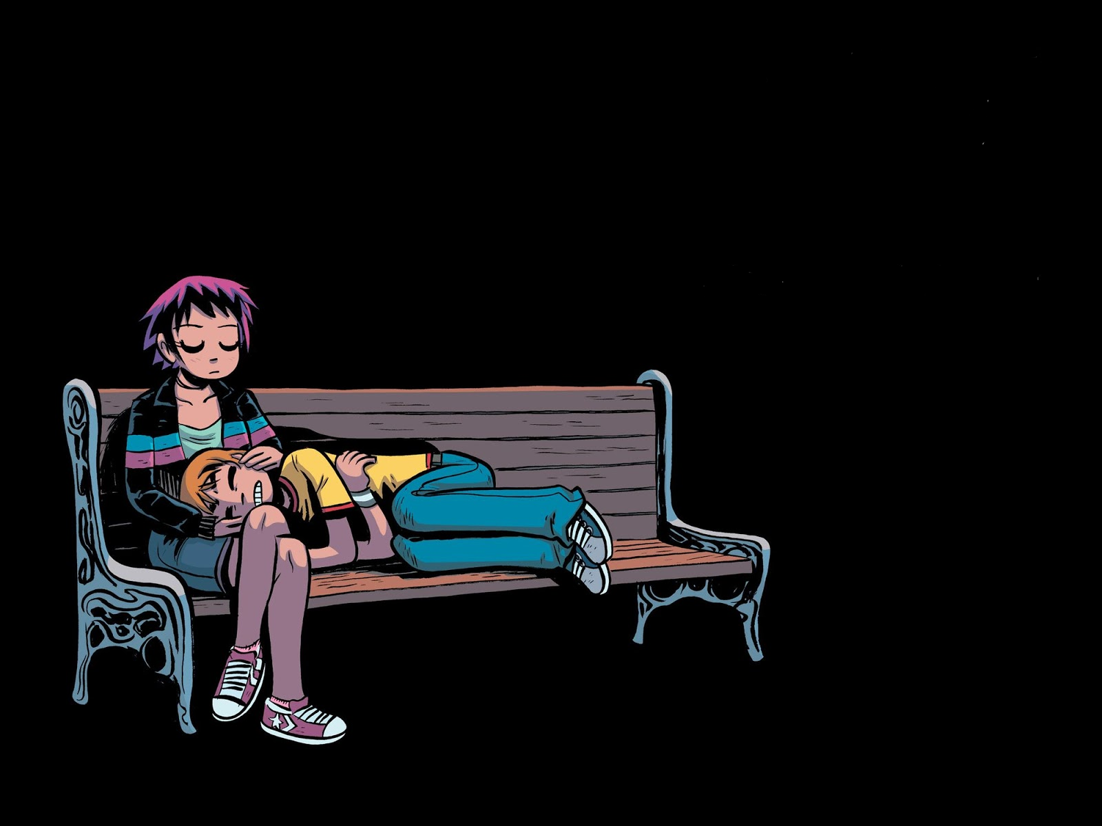 Scott Pilgrim characters on a bench HD Wallpaper