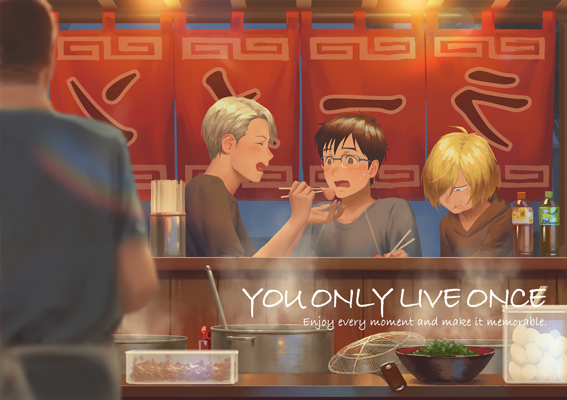 Viktor Nikiforov and Yuri Katsuki eating at a ramen stand HD Wallpaper