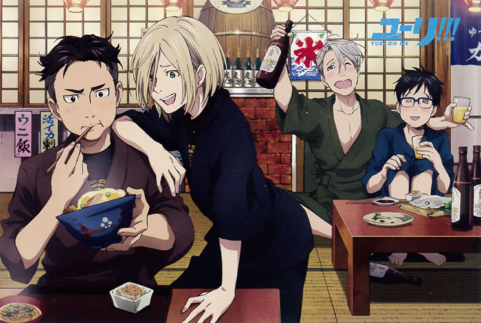 Yuri!!! on Ice: Viktor, Yuri, and Yurio at a restaurant HD Wallpaper