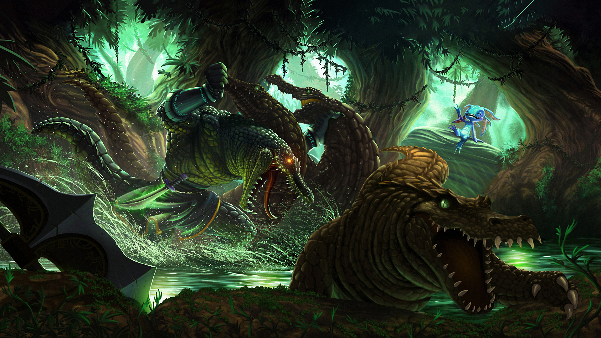 Renekton from League of Legends fighting crocodiles in a swamp HD Wallpaper