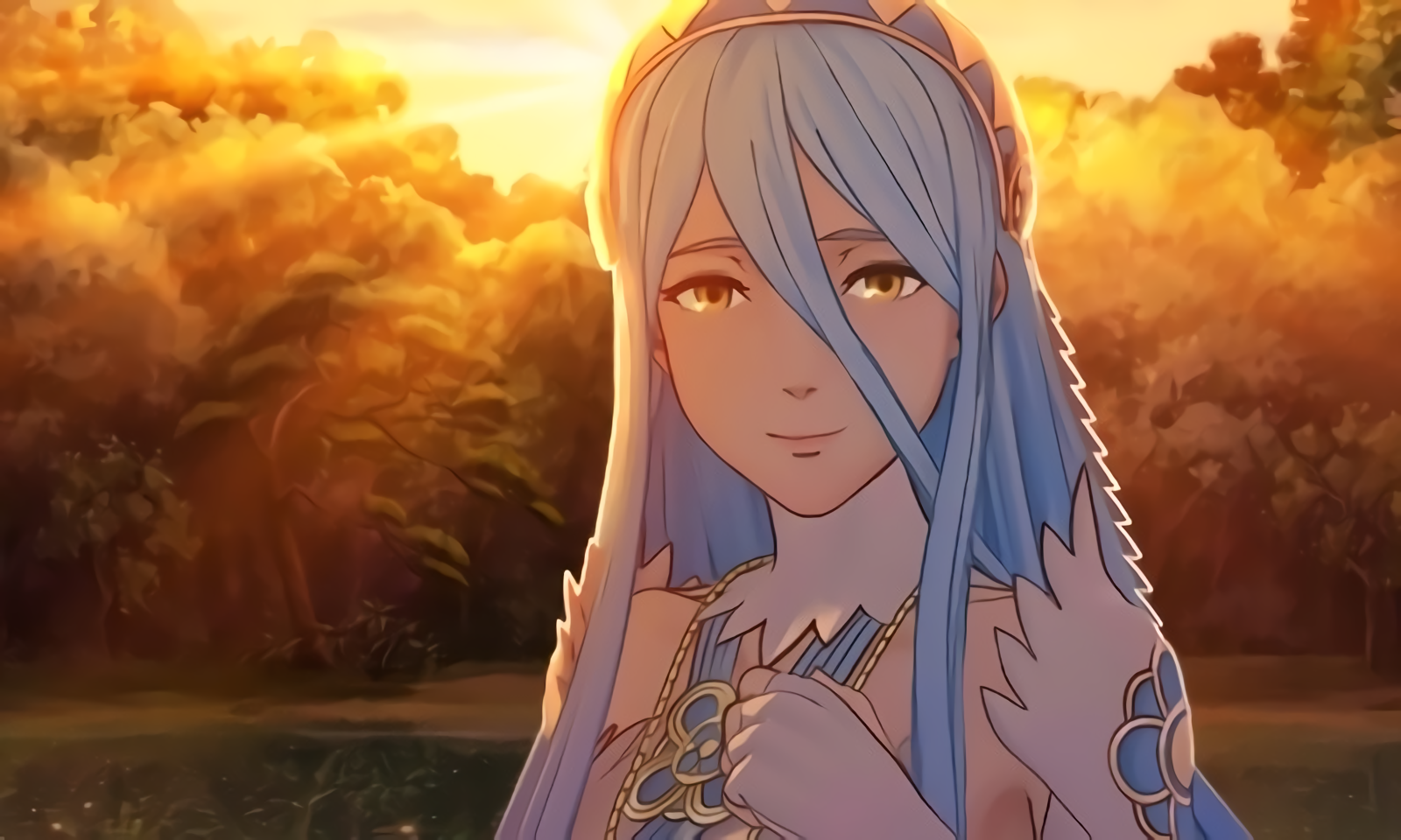 Azura from Fire Emblem in a forest at sunset HD Wallpaper