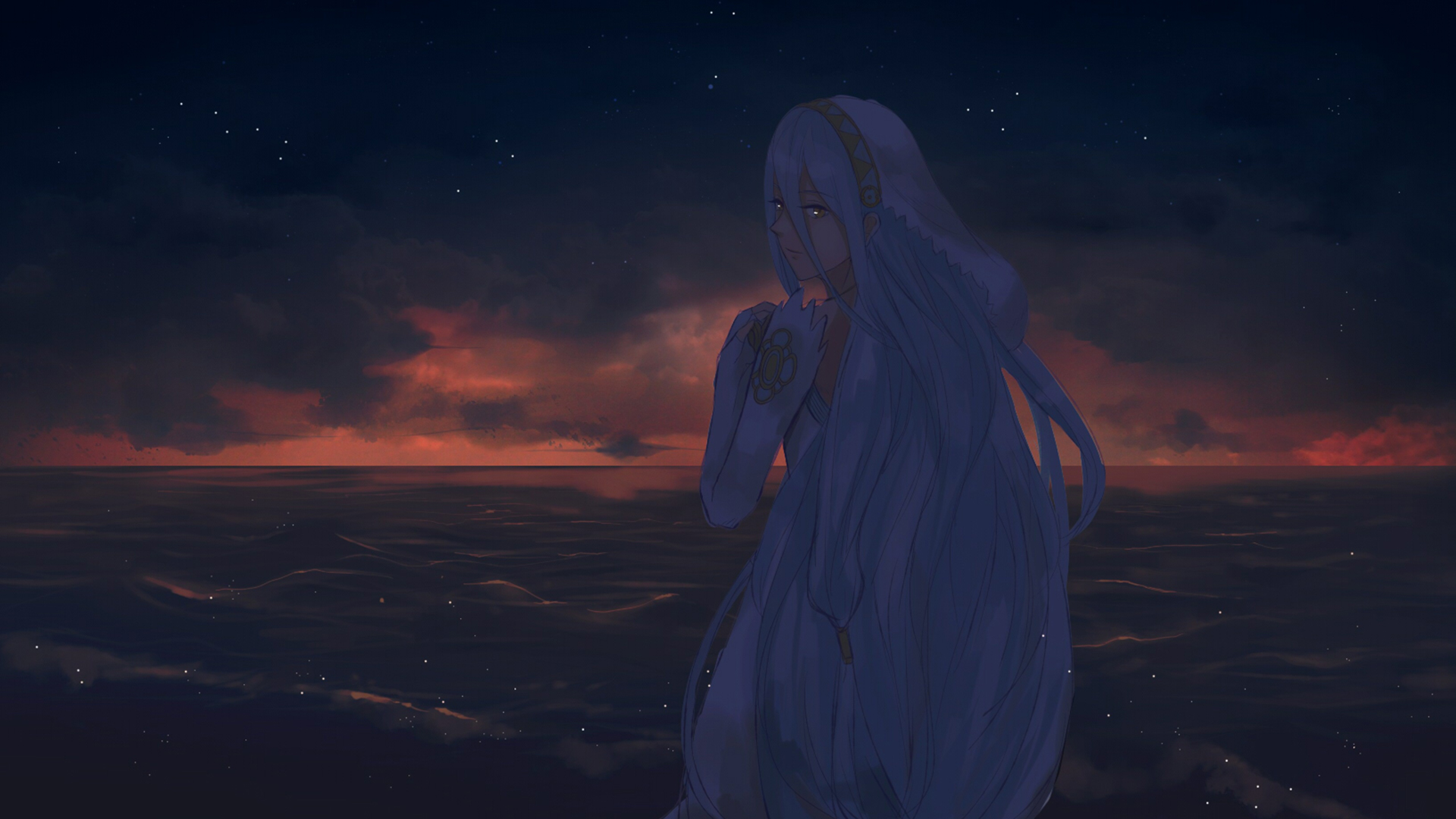 Azura from Fire Emblem by the sea at sunset HD Wallpaper