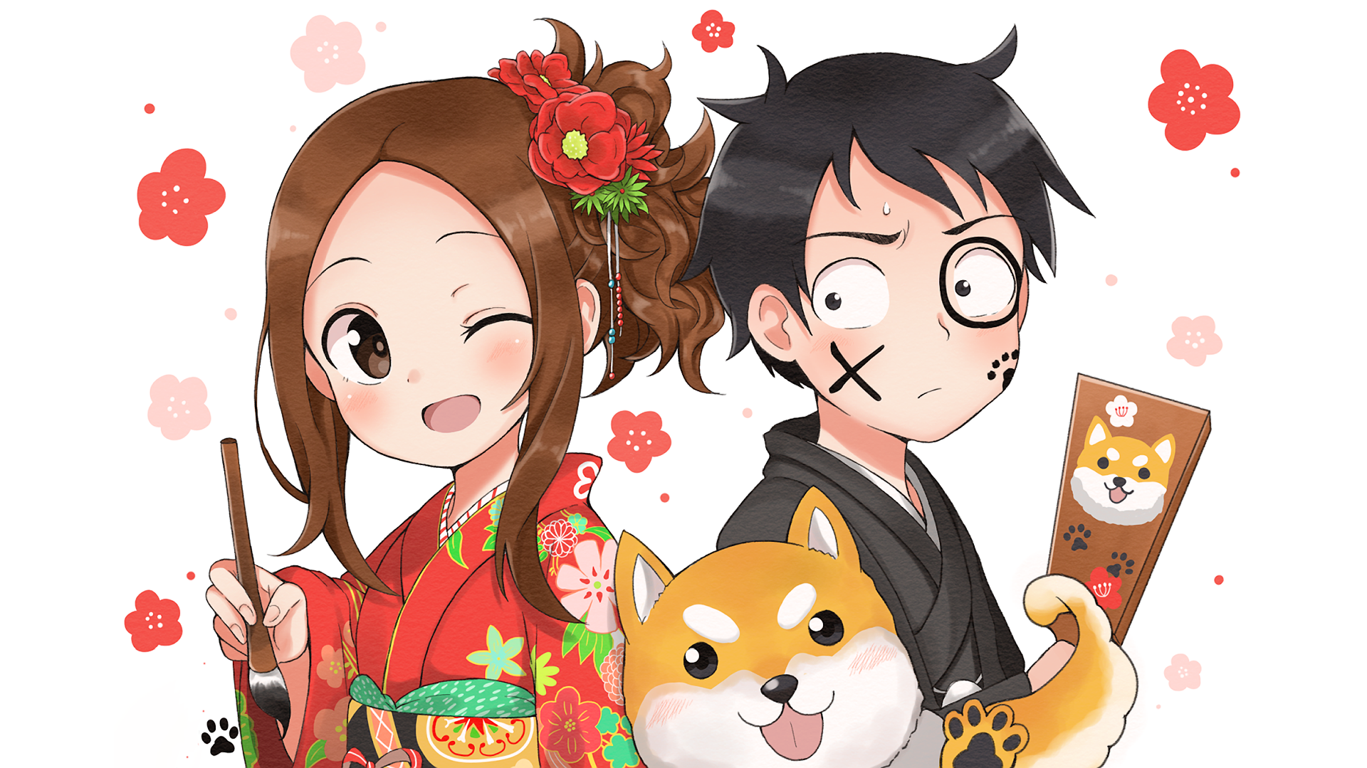 Takagi-san and Nishikata with a Shiba Inu HD Wallpaper