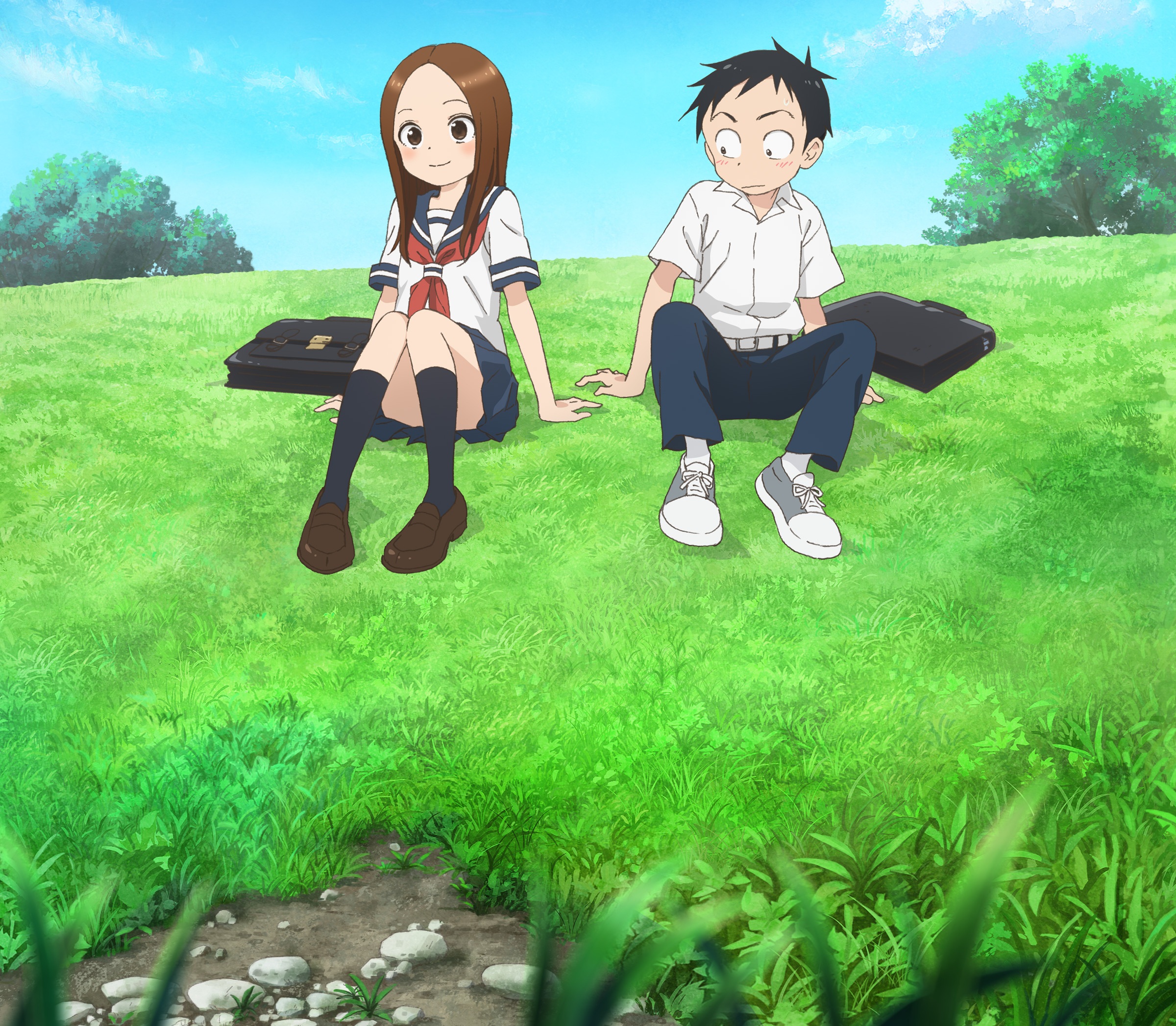 Takagi and Nishikata from Karakai Jouzu no Takagi-san sitting on a grassy hill HD Wallpaper