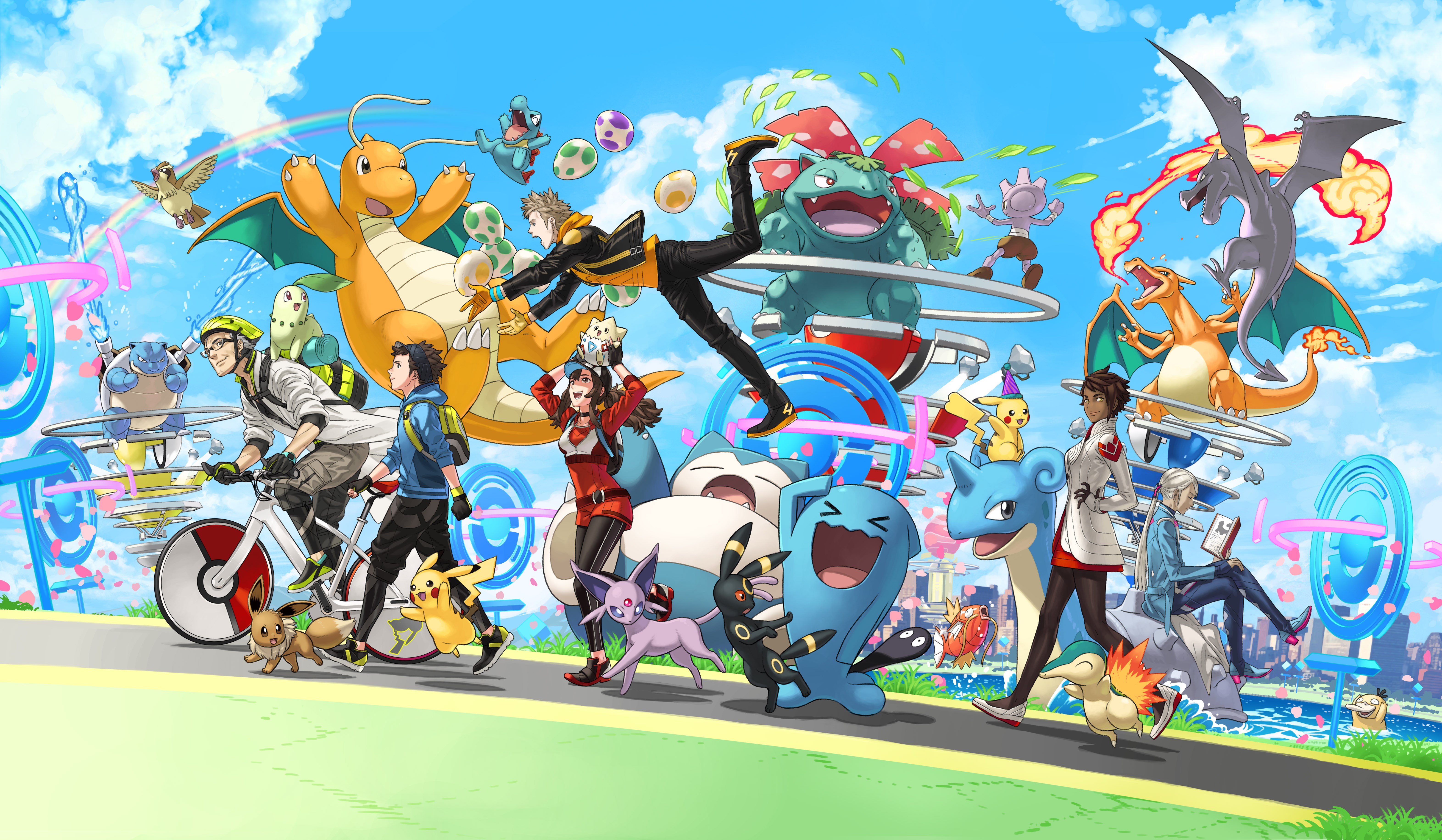 Pokemon Go characters and Pokemon in a city park HD Wallpaper