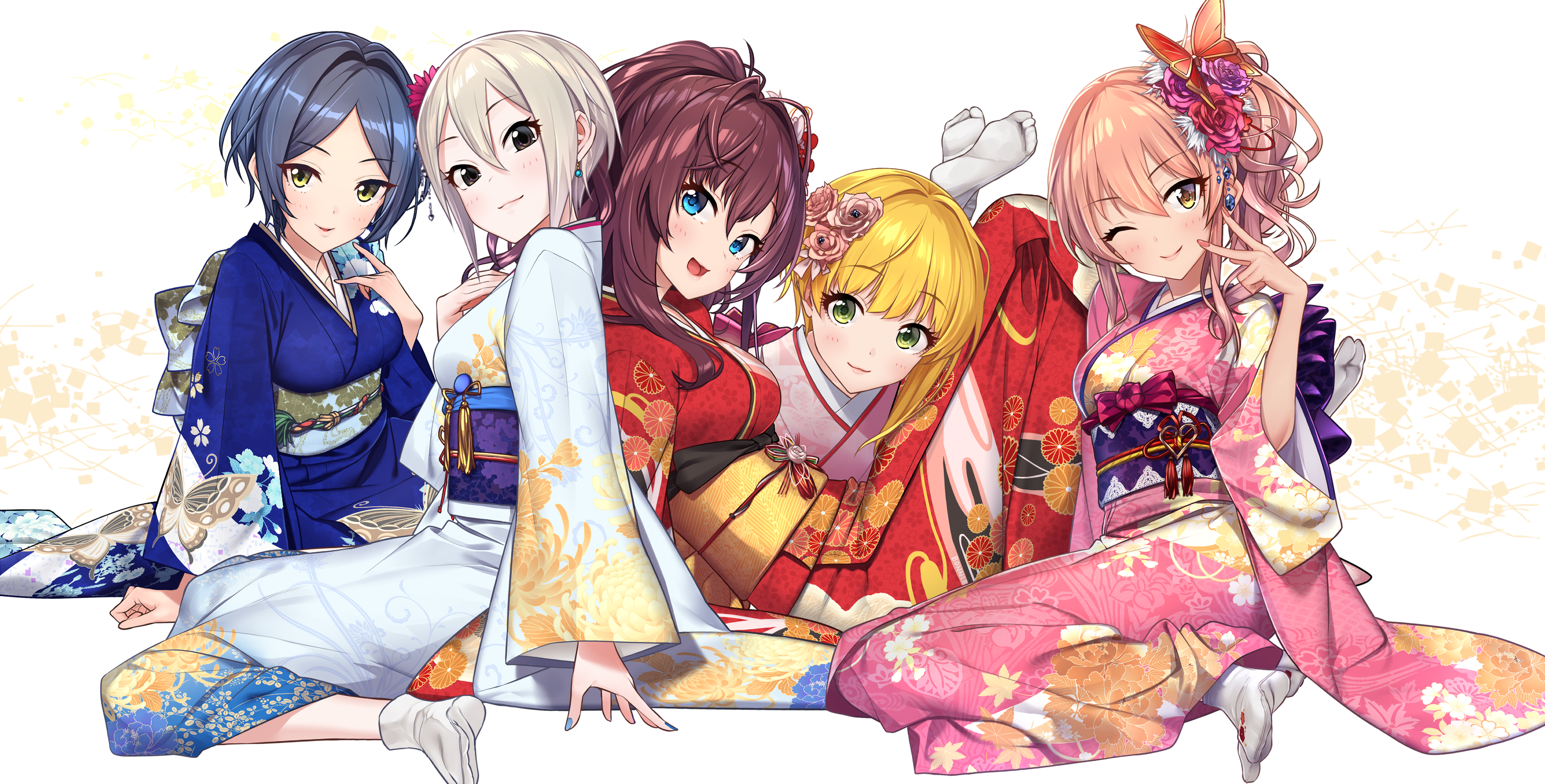 Five anime girls in kimonos HD Wallpaper