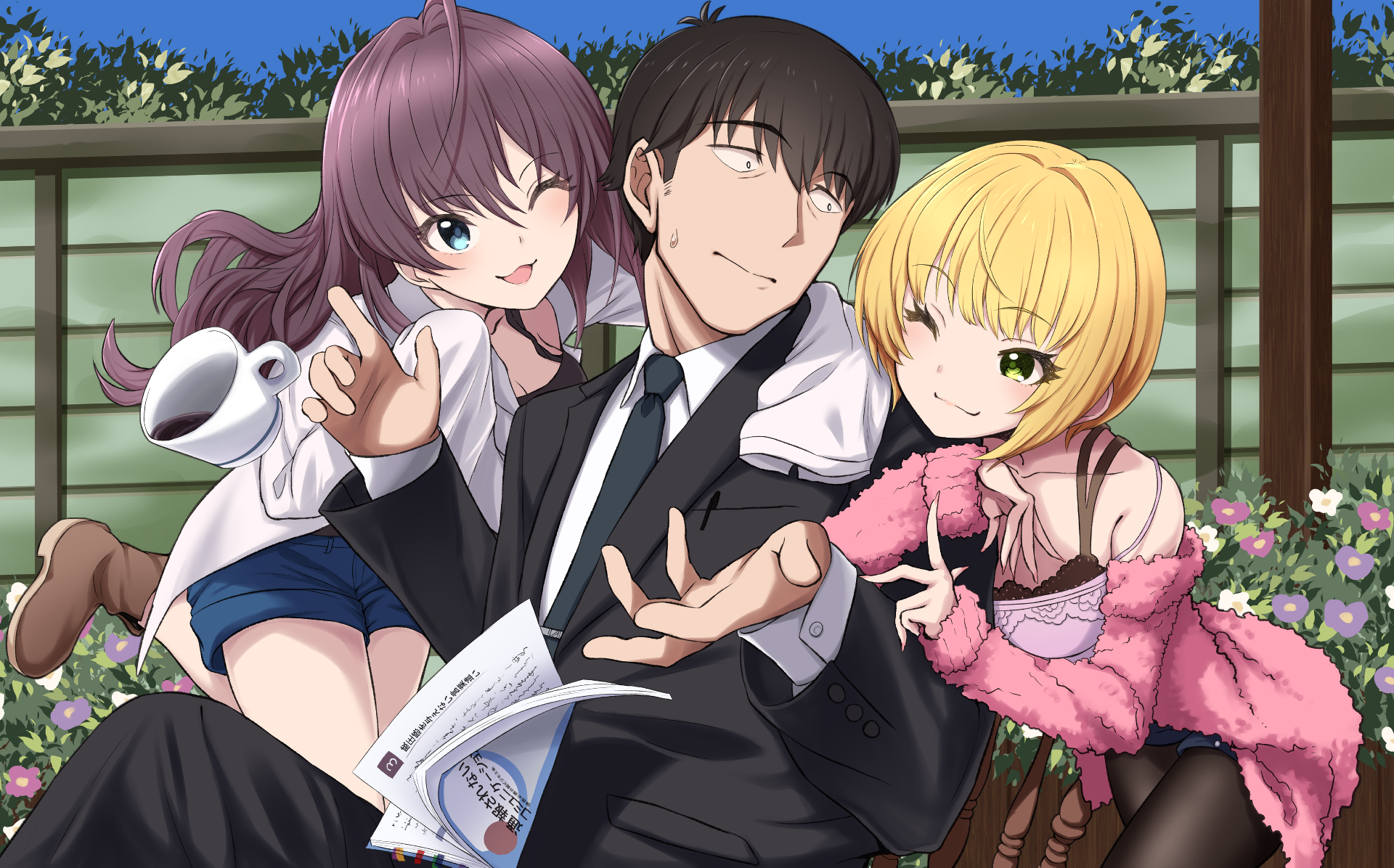 Shiki Ichinose with two girls HD Wallpaper