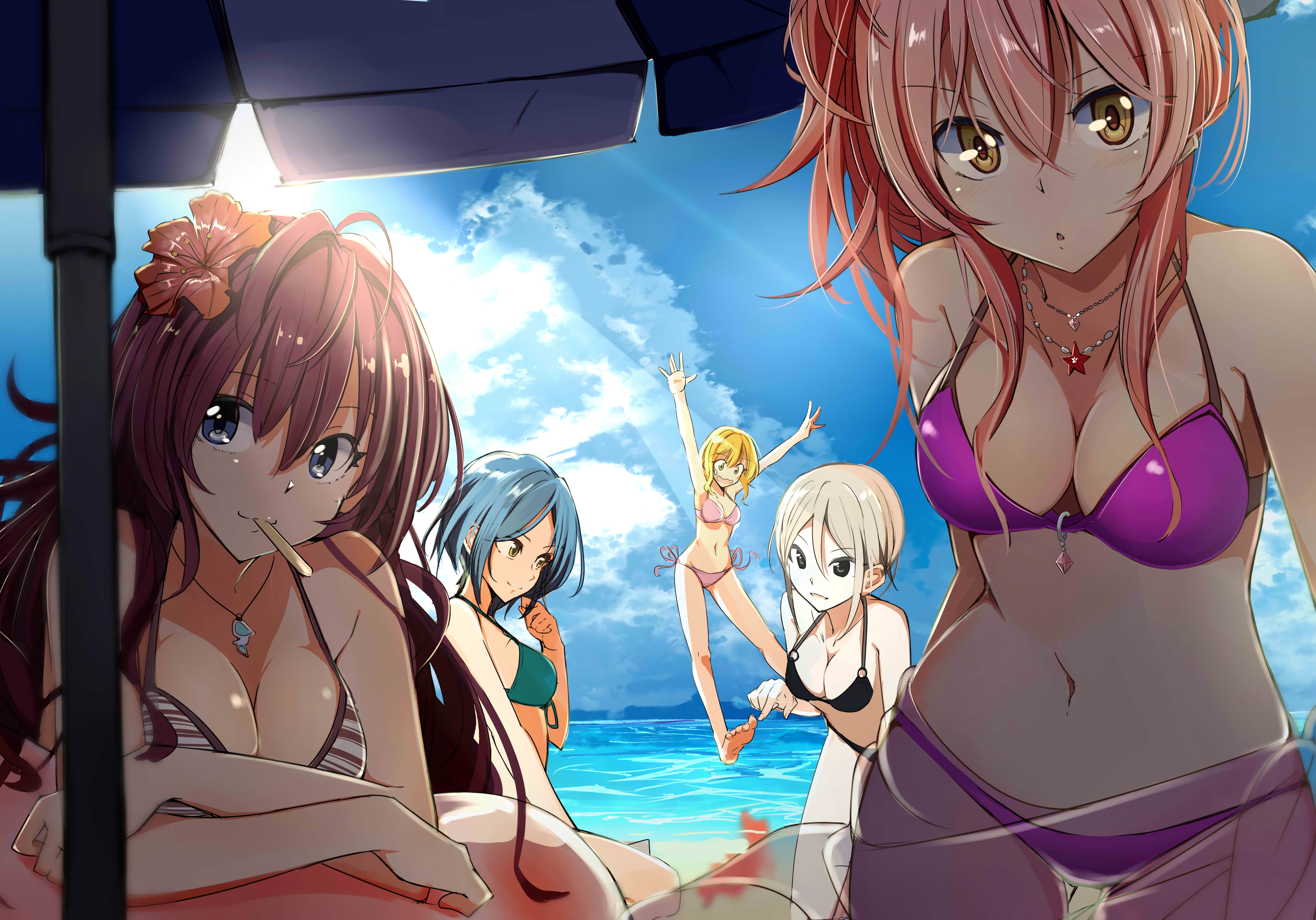 Five girls in bikinis at the beach HD Wallpaper
