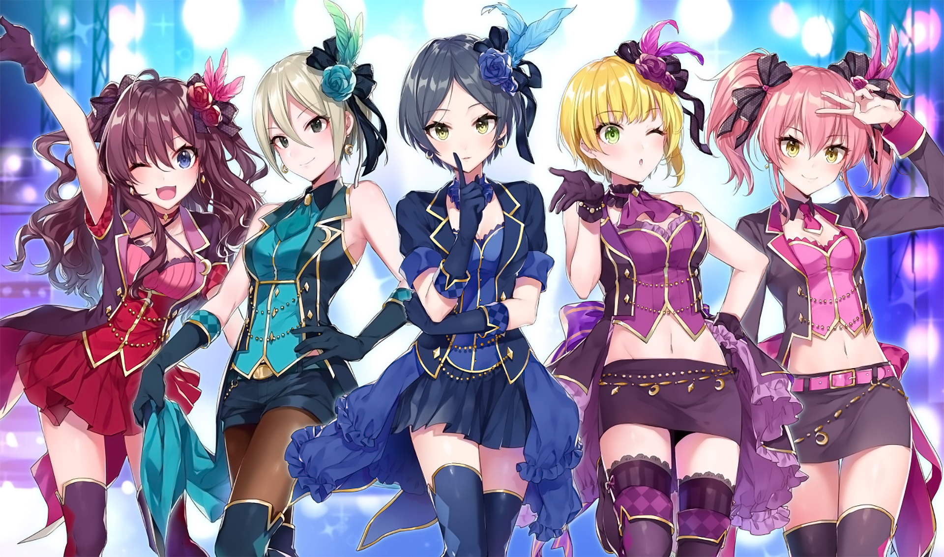 Five anime girls in stage outfits HD Wallpaper
