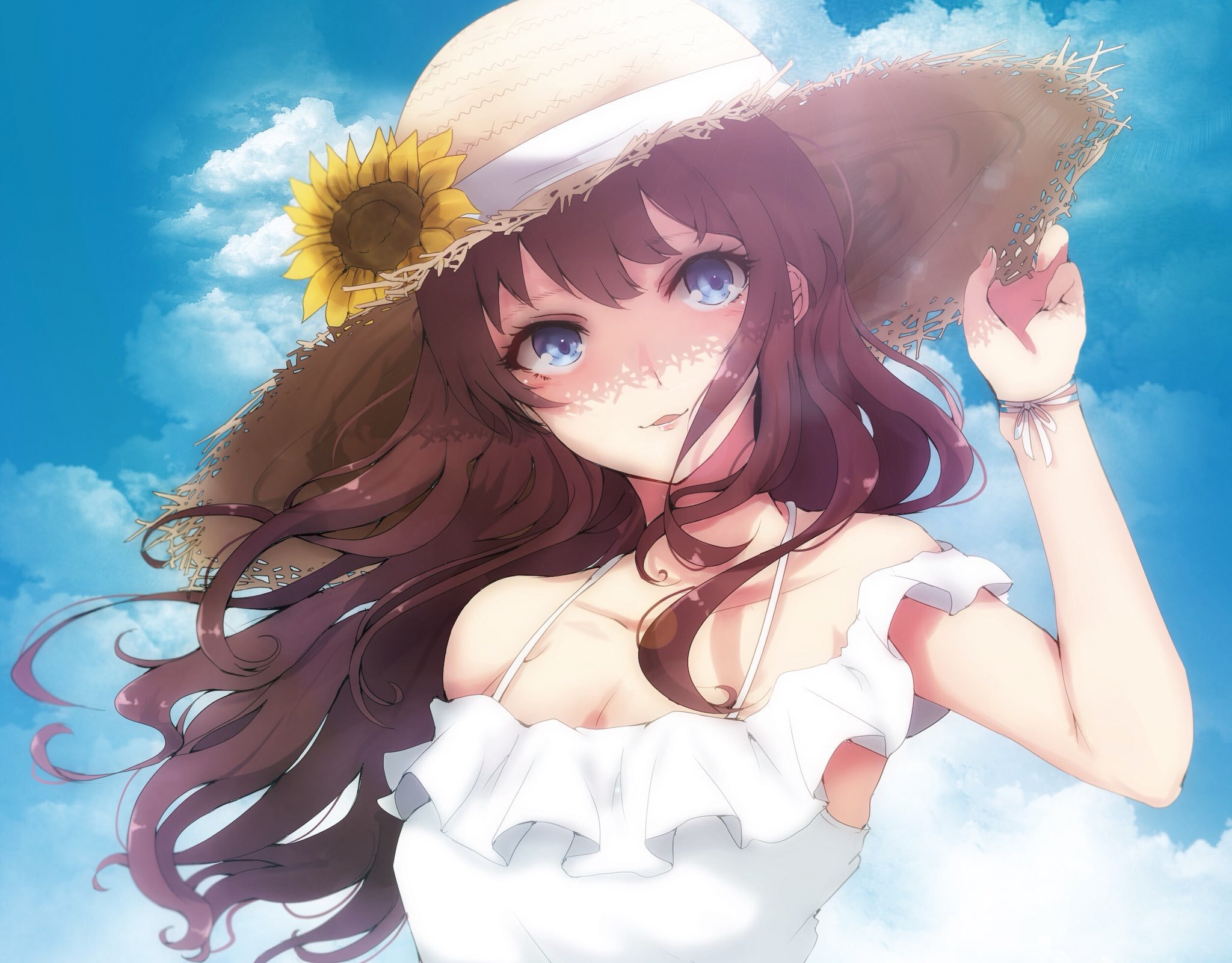 Shiki Ichinose in a Straw Hat with Sunflower HD Wallpaper