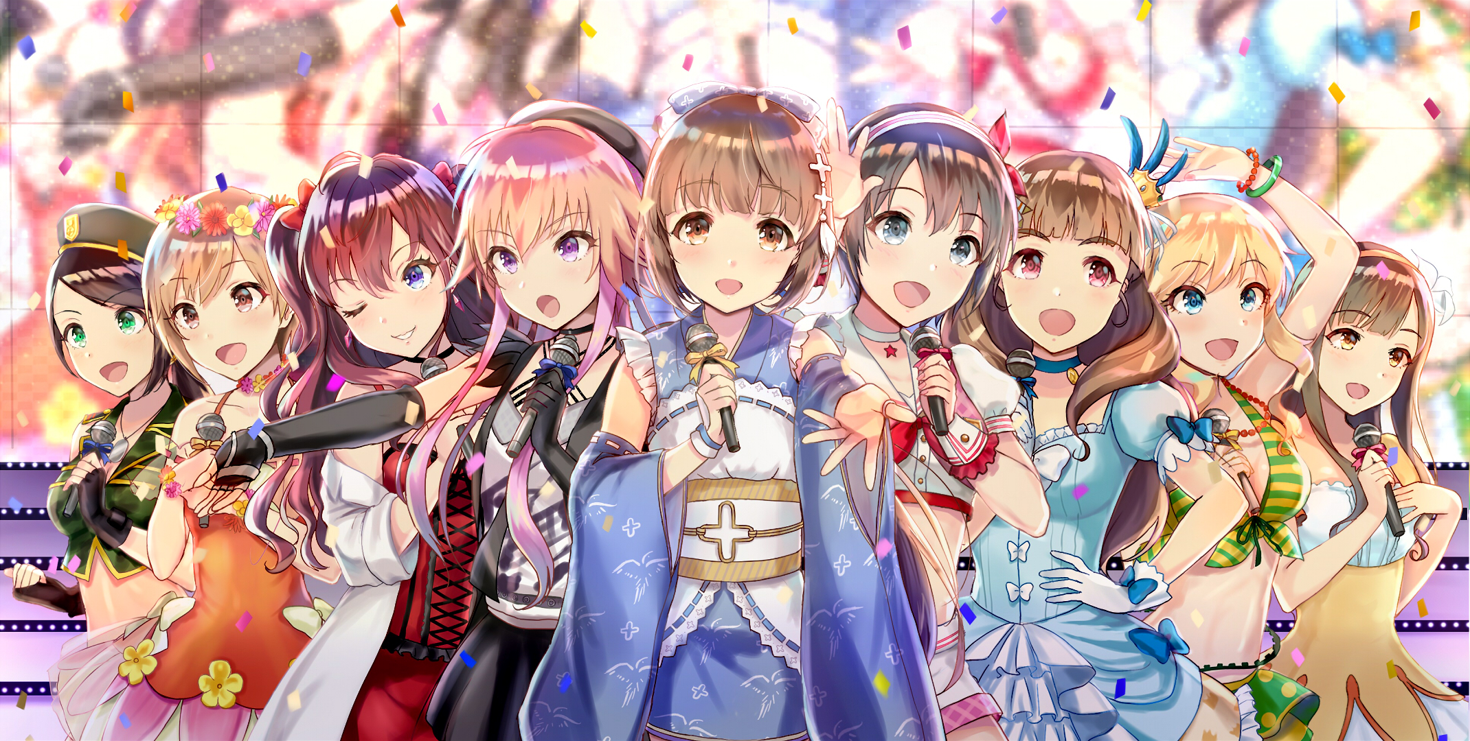 Idol group performing on stage with confetti HD Wallpaper