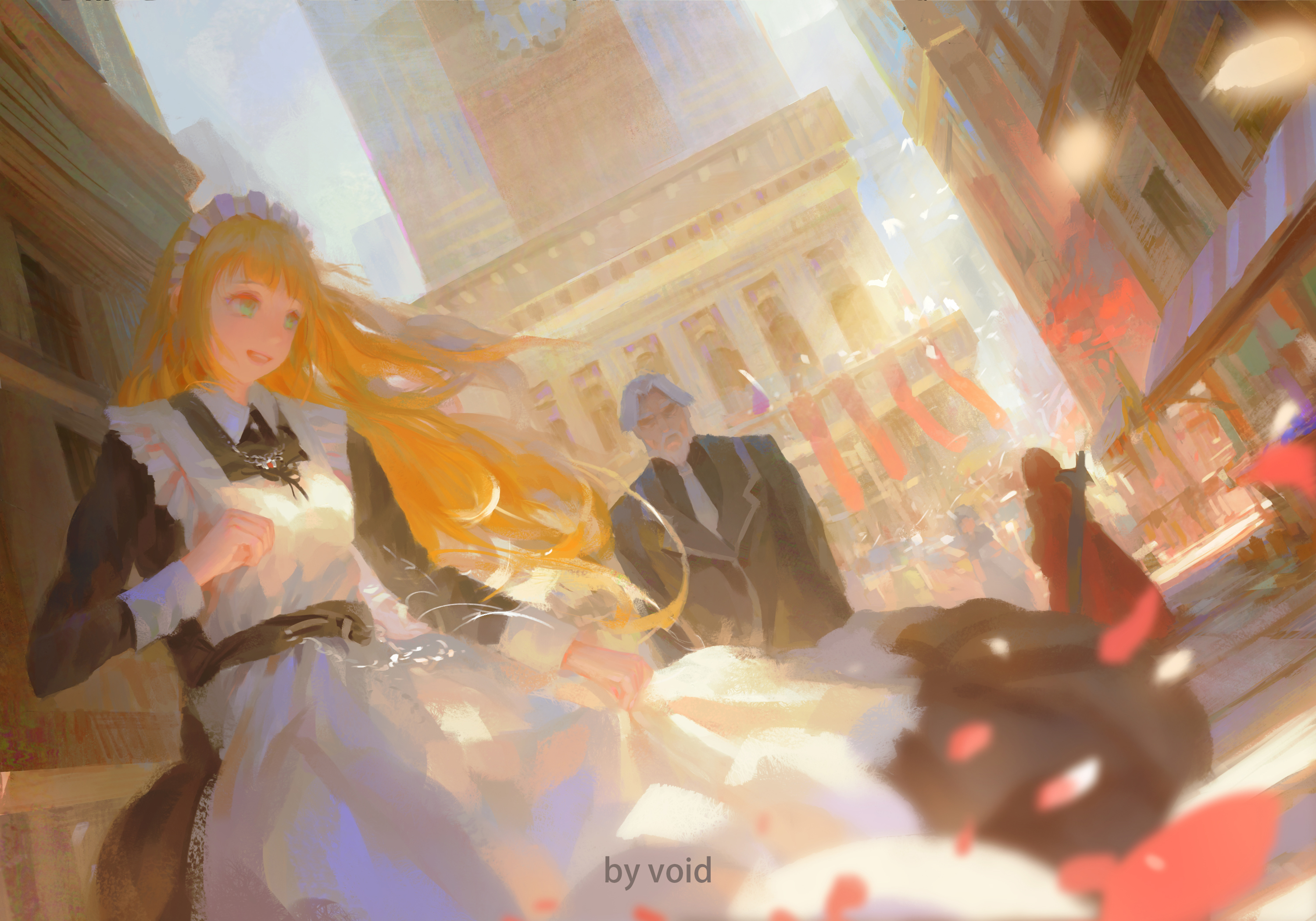 Maid girl and man in city HD Wallpaper