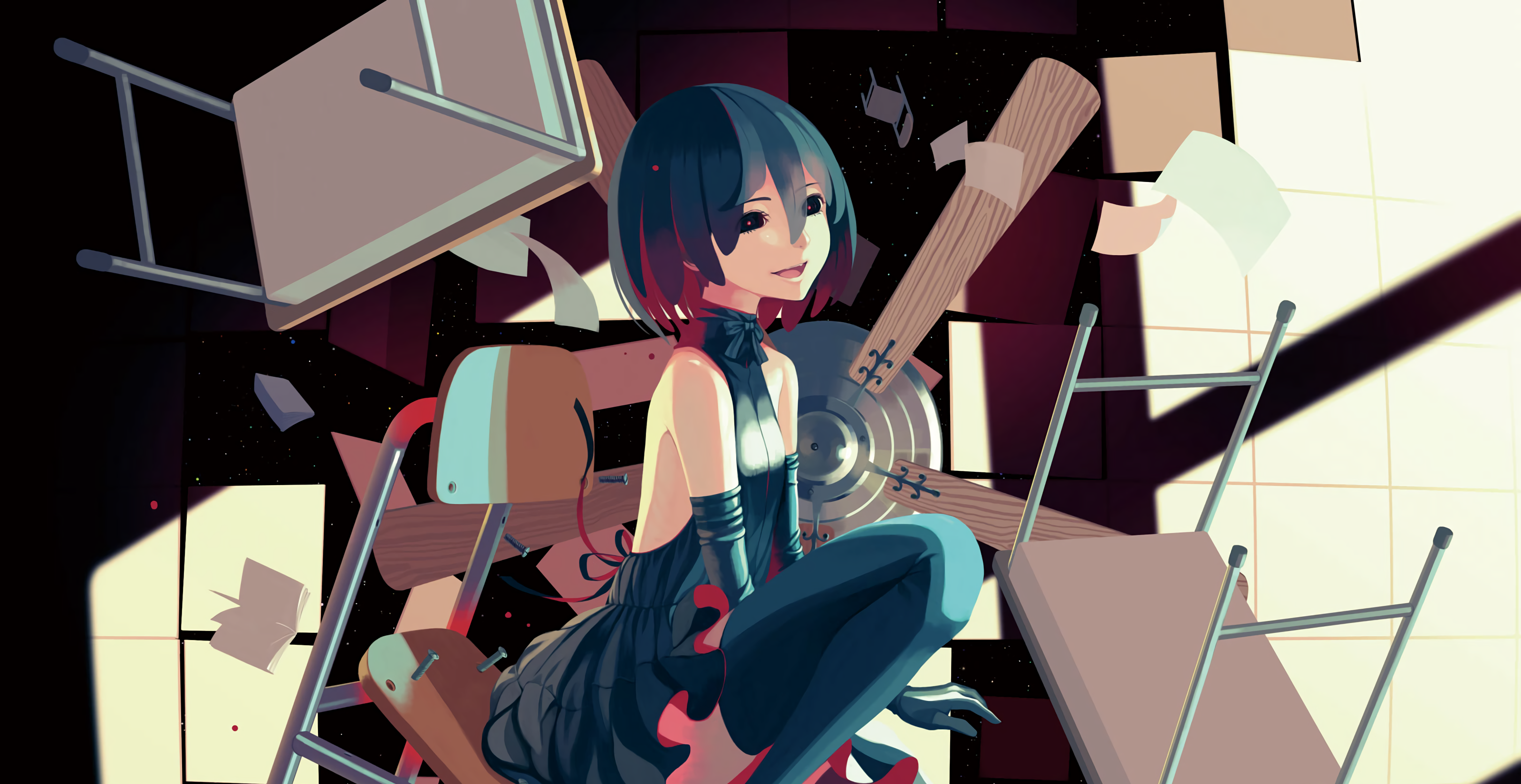 Ougi Oshino in a chaotic classroom HD Wallpaper