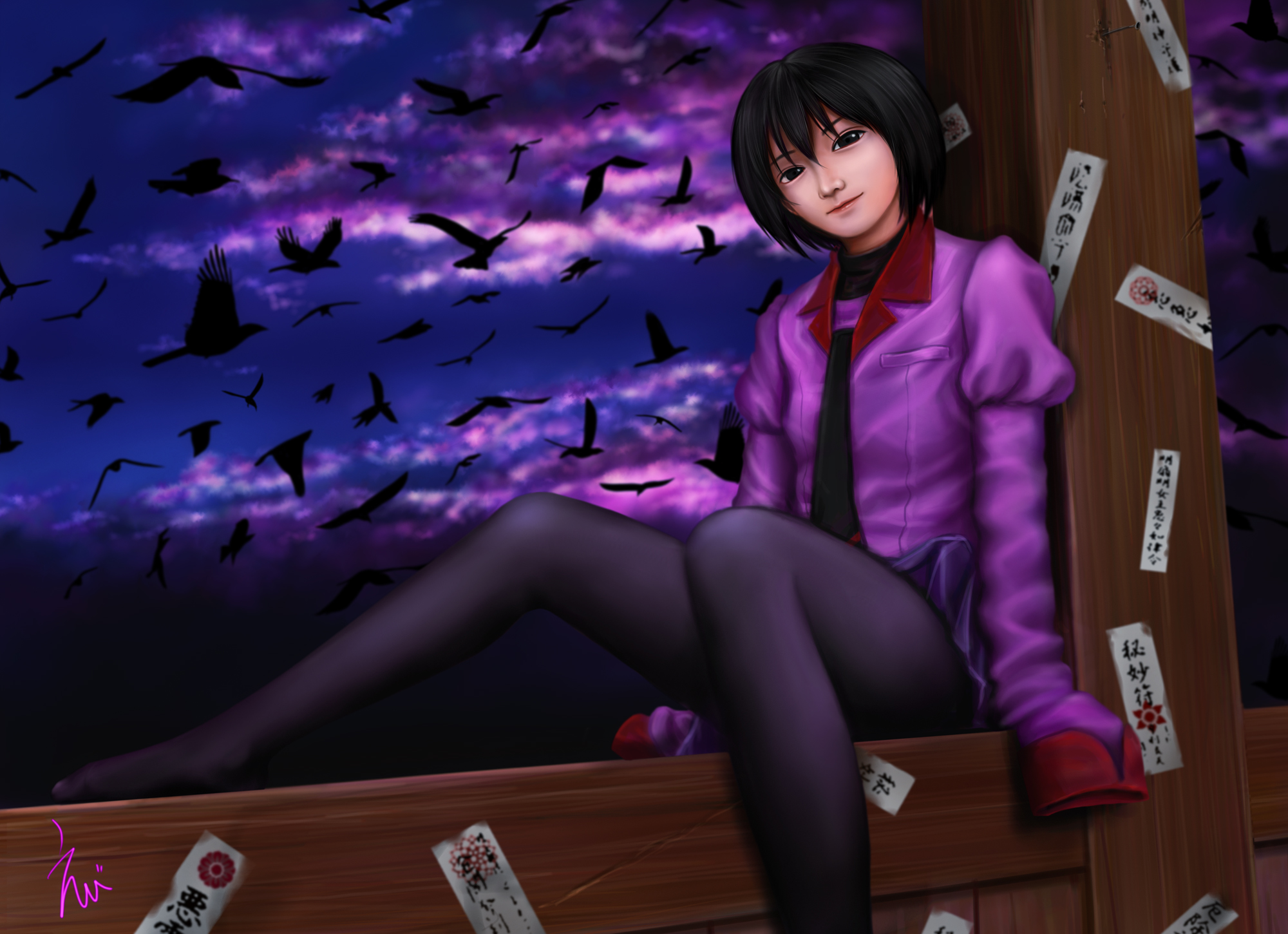 Ougi Oshino sitting with birds flying HD Wallpaper