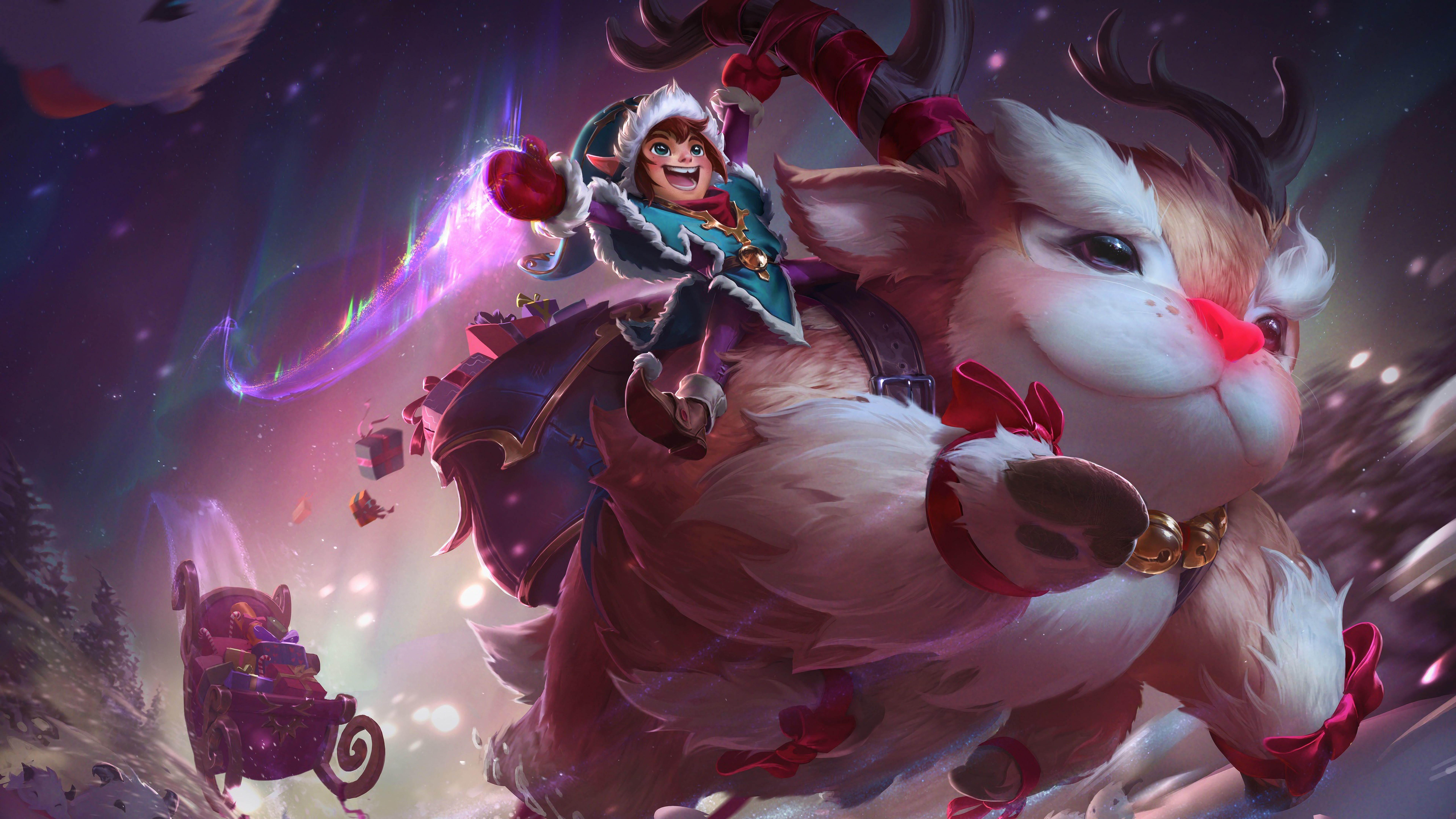 Nunu and Willump from League of Legends riding a reindeer HD Wallpaper