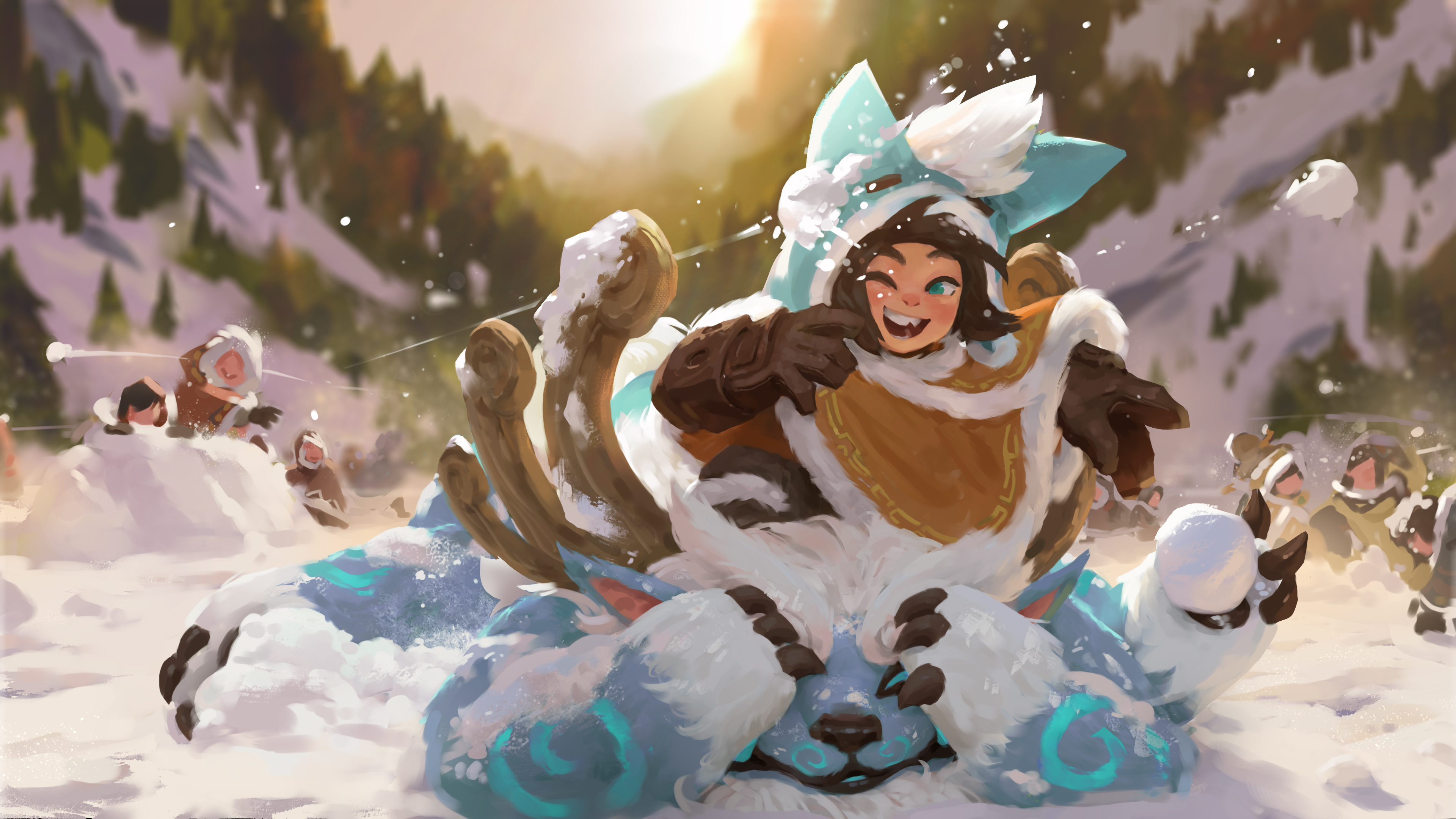 Nunu and Willump from League of Legends in a snowball fight HD Wallpaper