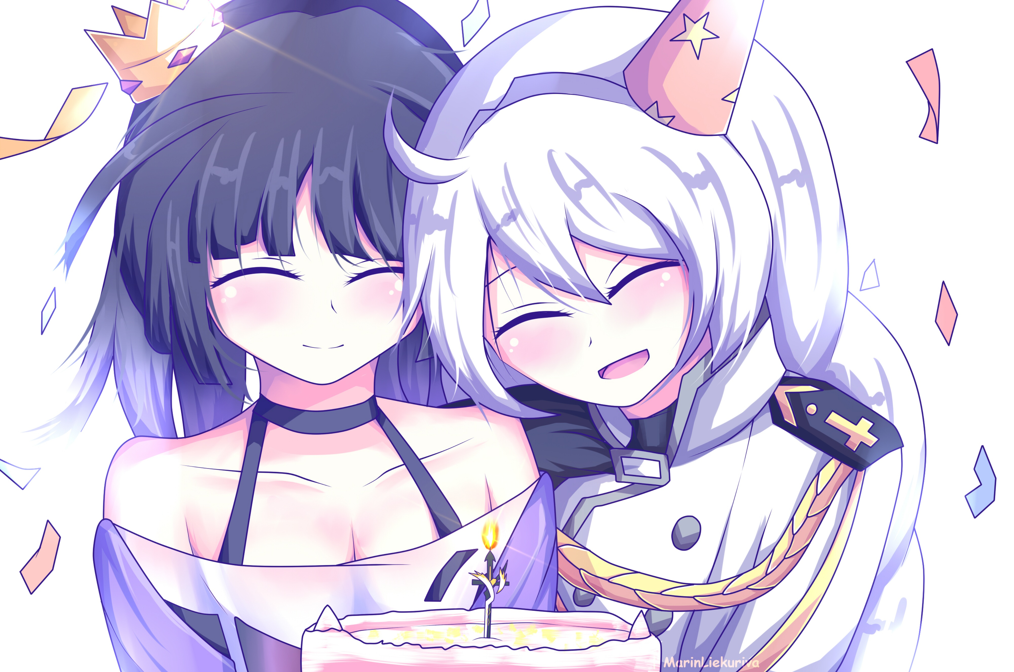Raiden Mei and Kiana Kaslana celebrating with cake HD Wallpaper