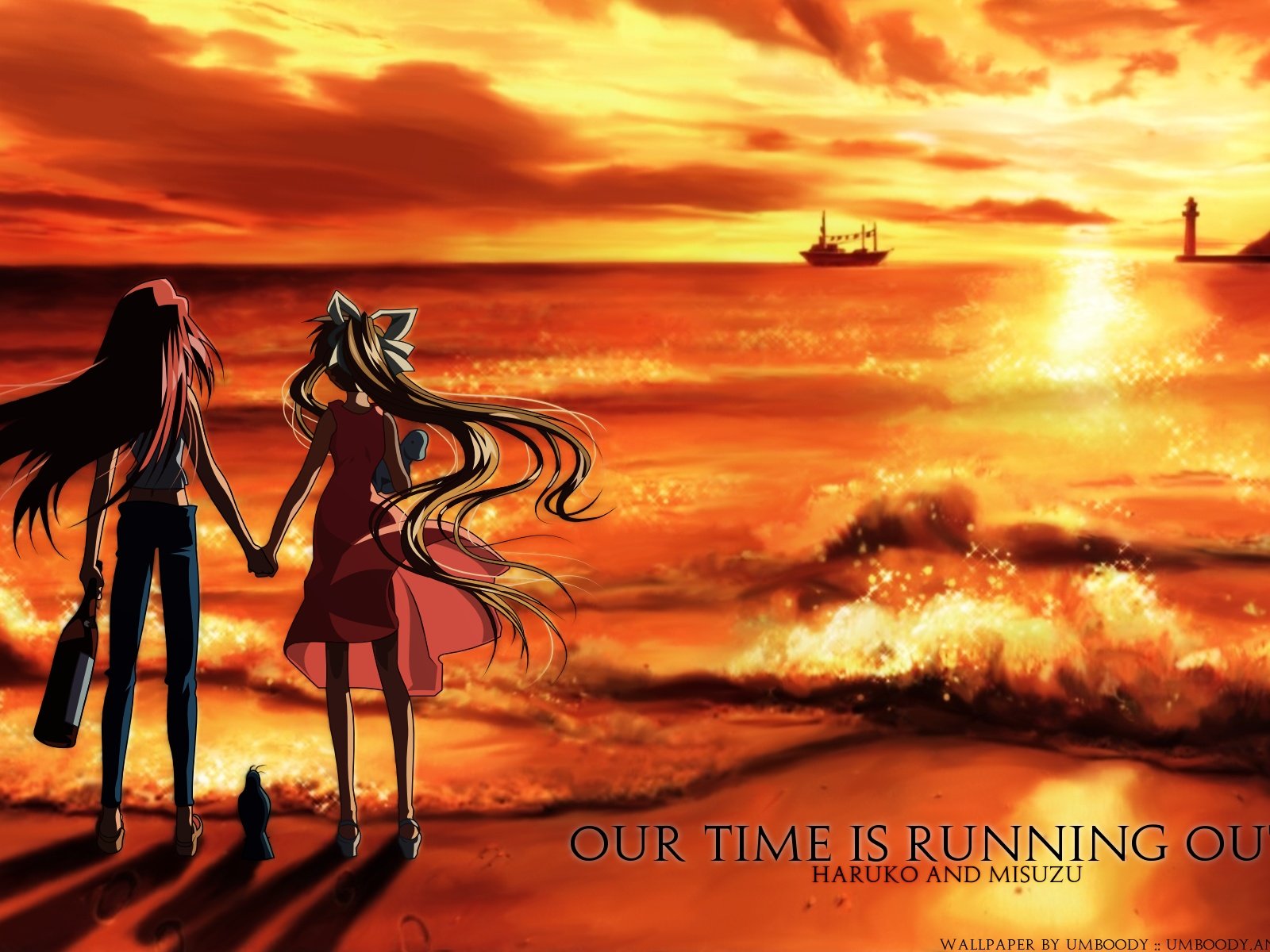 Haruko and Misuzu on a Beach at Sunset HD Wallpaper
