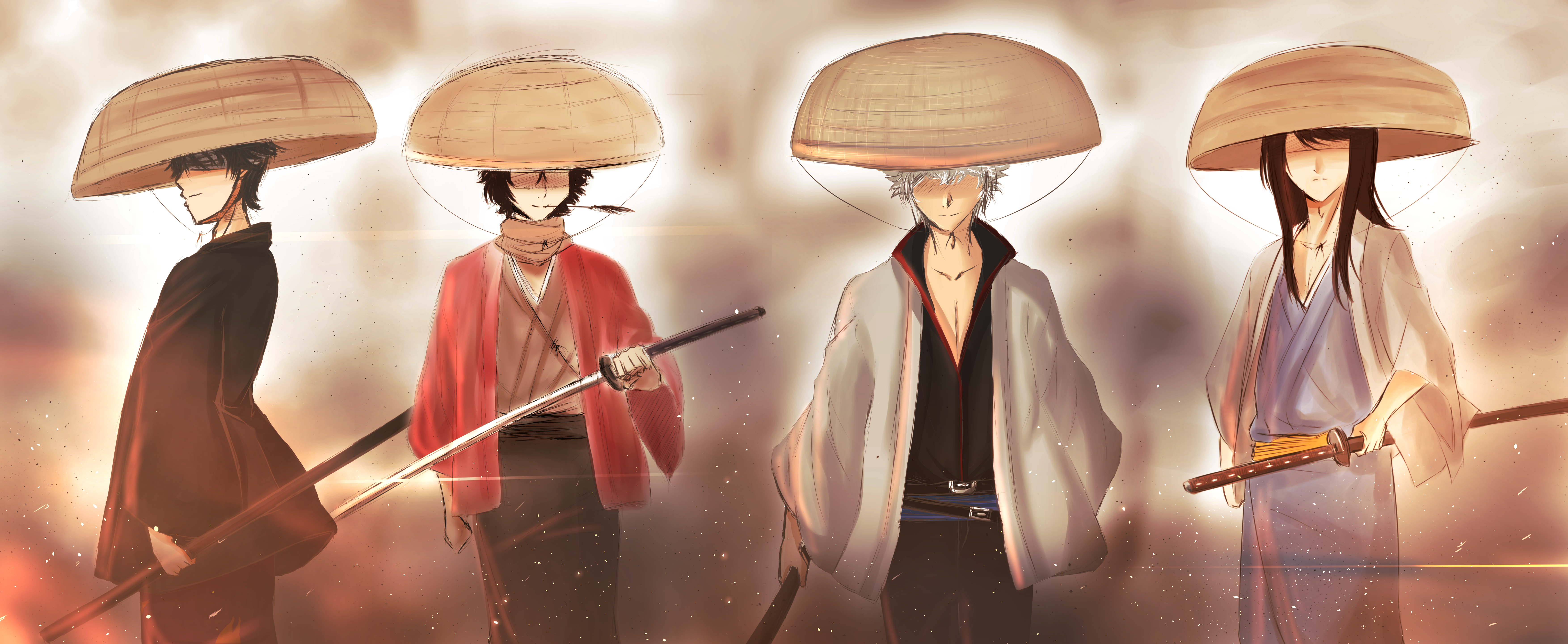 Four samurai with straw hats and swords HD Wallpaper