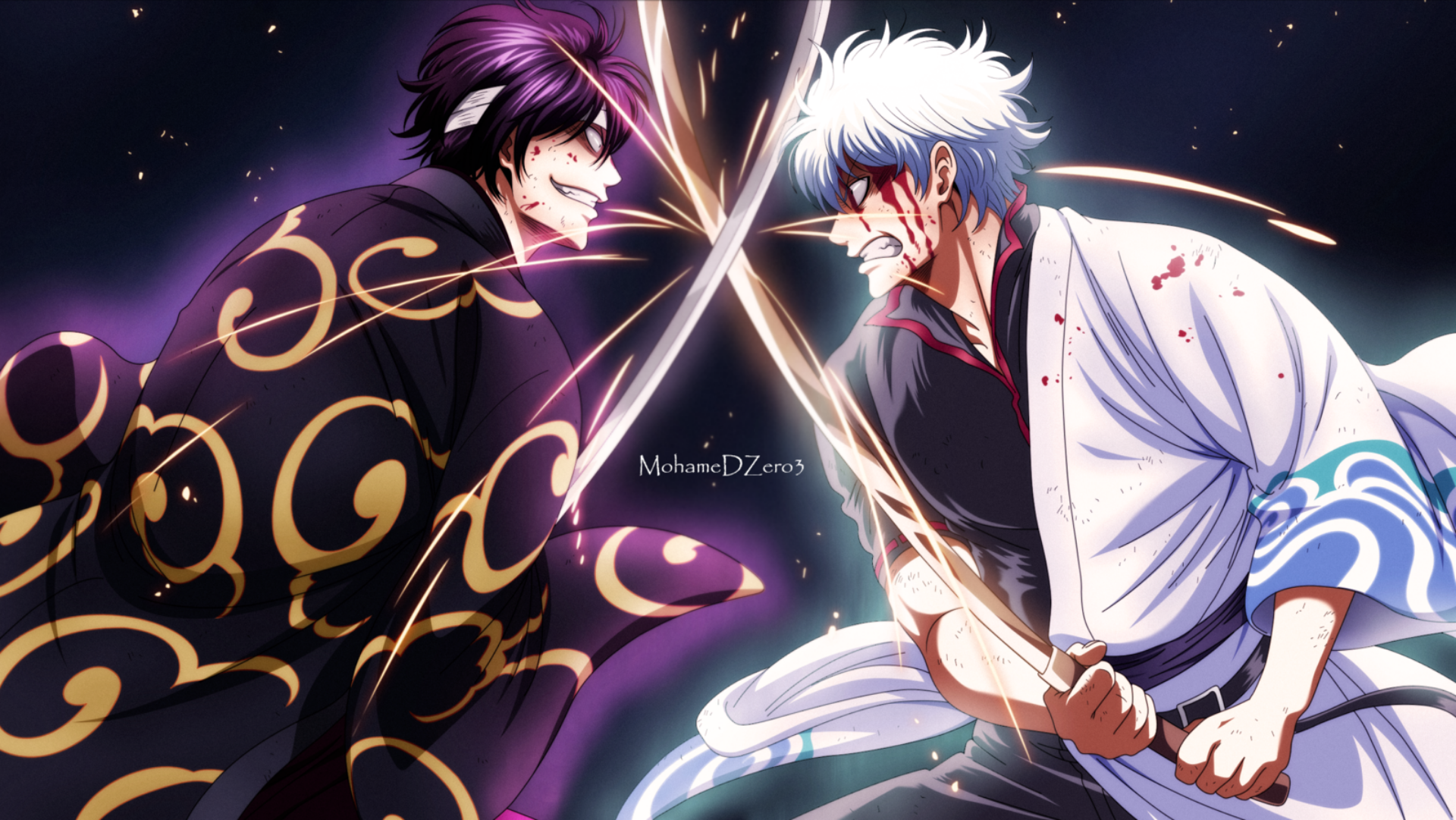 Takasugi Shinsuke and Gintoki Sakata clashing swords HD Wallpaper