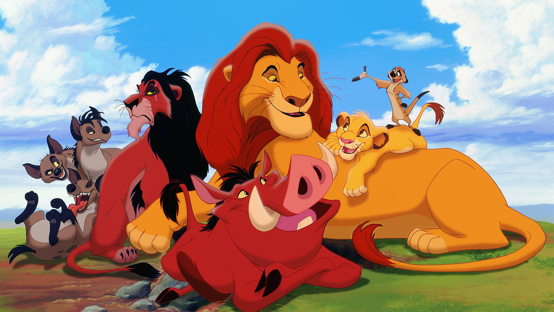 The Lion King characters: Simba, Mufasa, Scar, Timon, Pumbaa, and hyenas HD Wallpaper