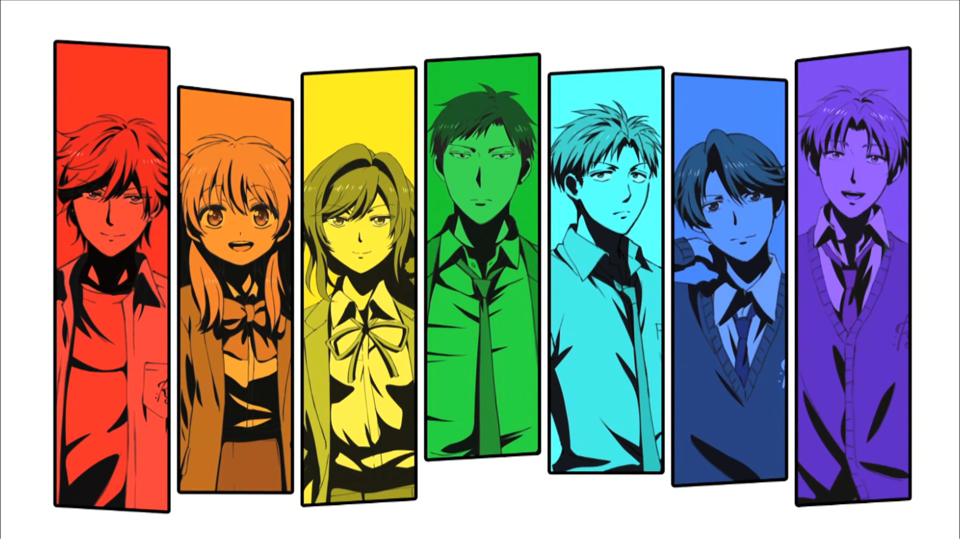 Anime characters in colorful panels HD Wallpaper