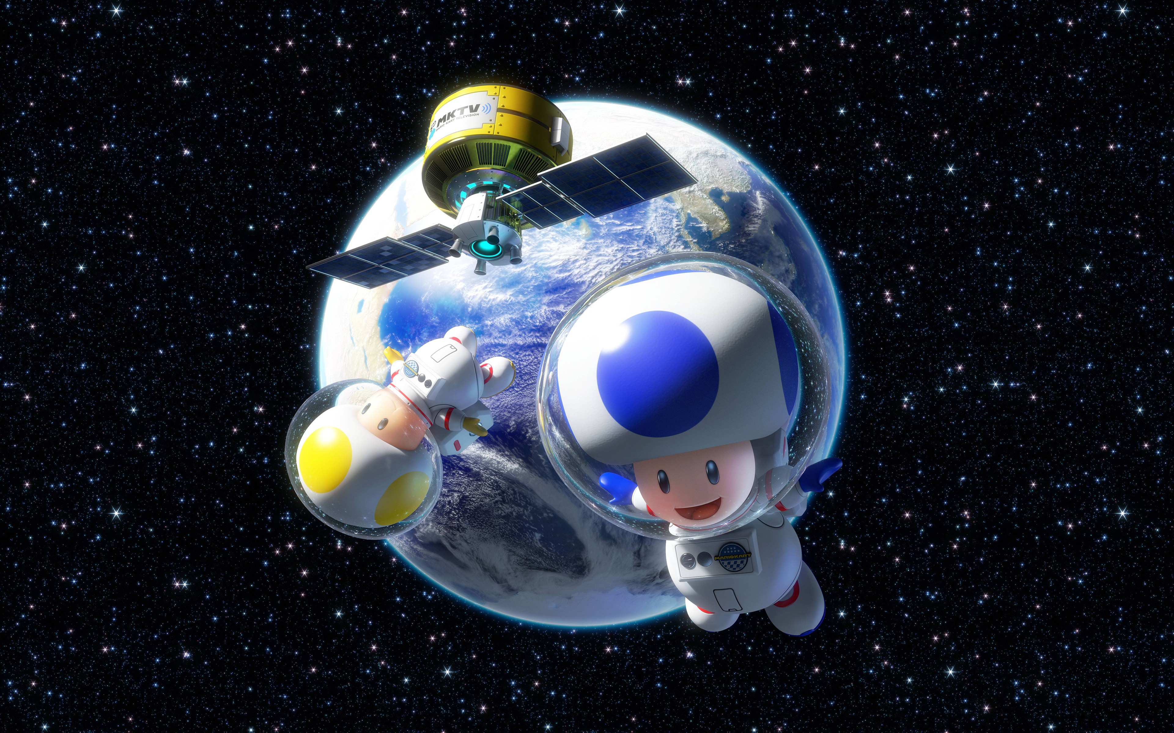 Toad from Super Mario in Space with Satellite and Earth HD Wallpaper