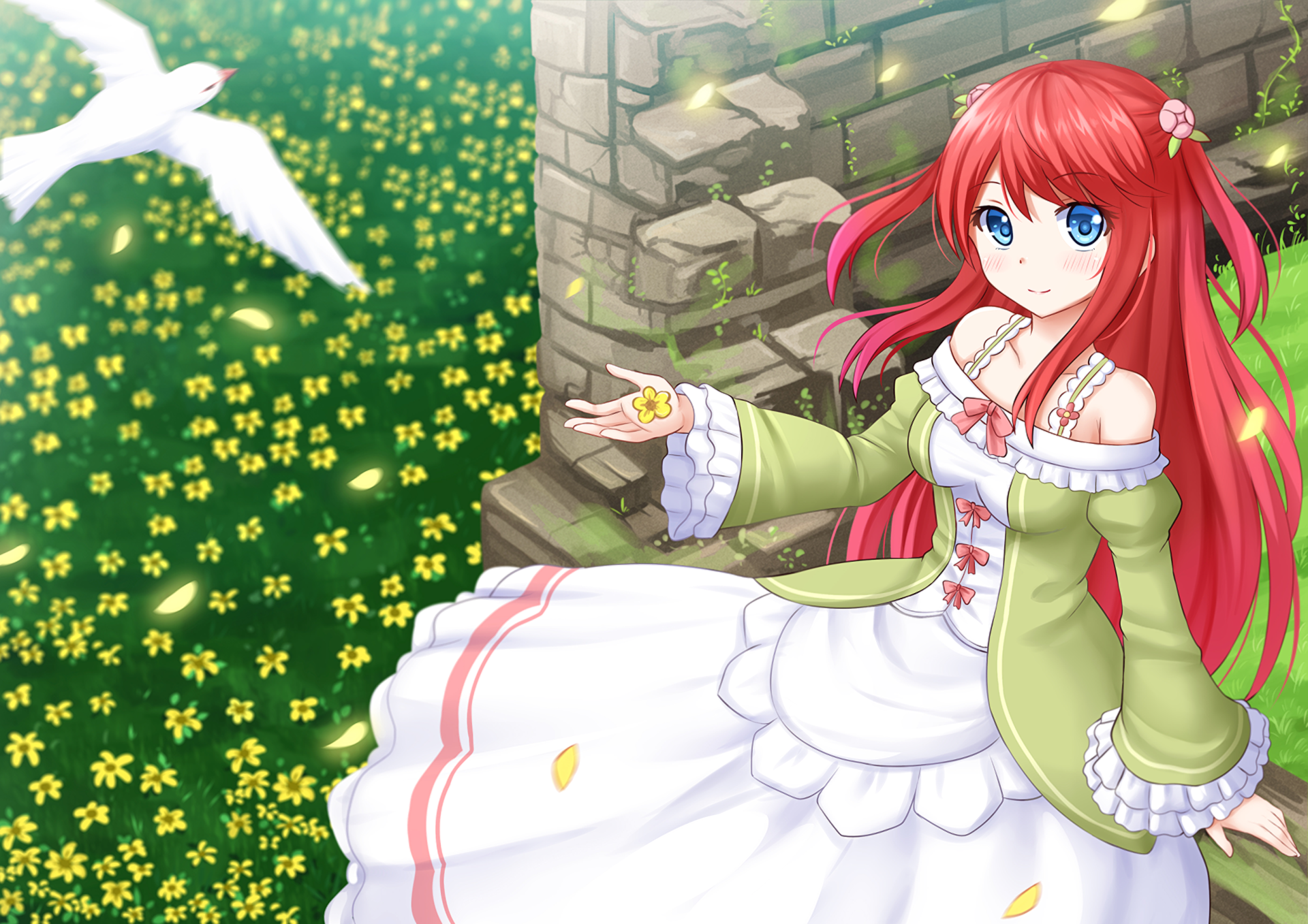 Theresia van Astrea in a green dress with a bird HD Wallpaper