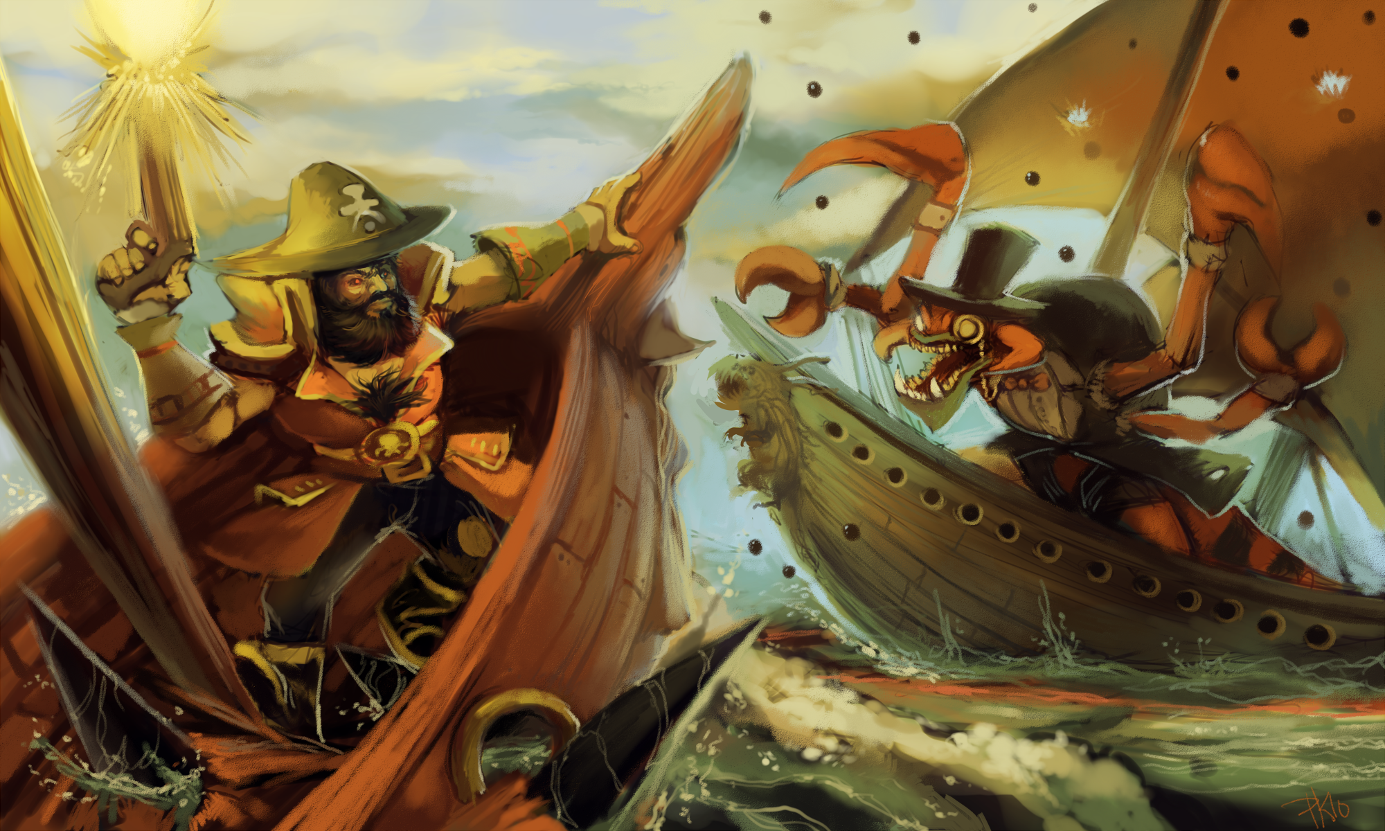 Pirate captain fighting a crab-like creature on ships HD Wallpaper