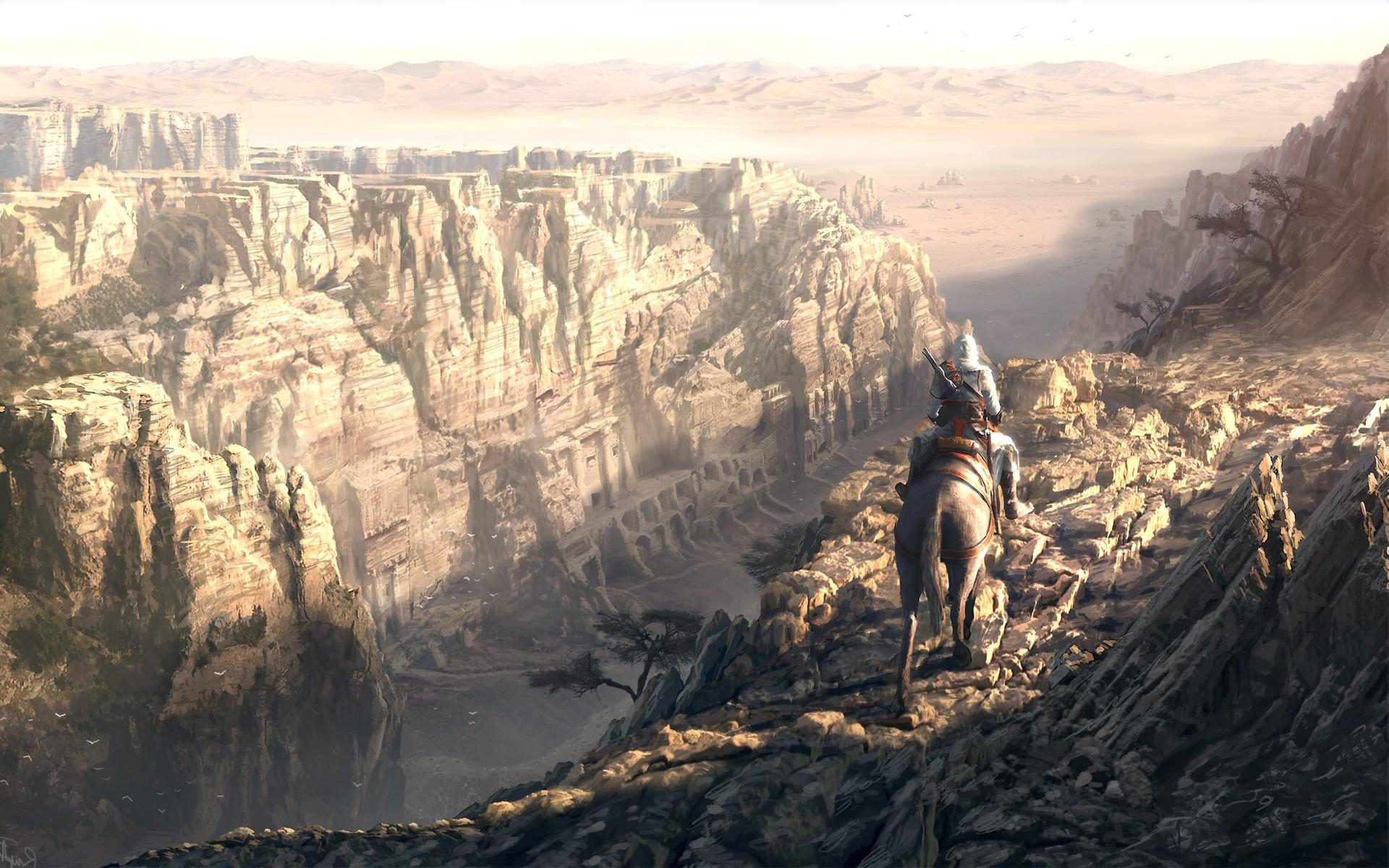 Altair riding a horse through a canyon HD Wallpaper