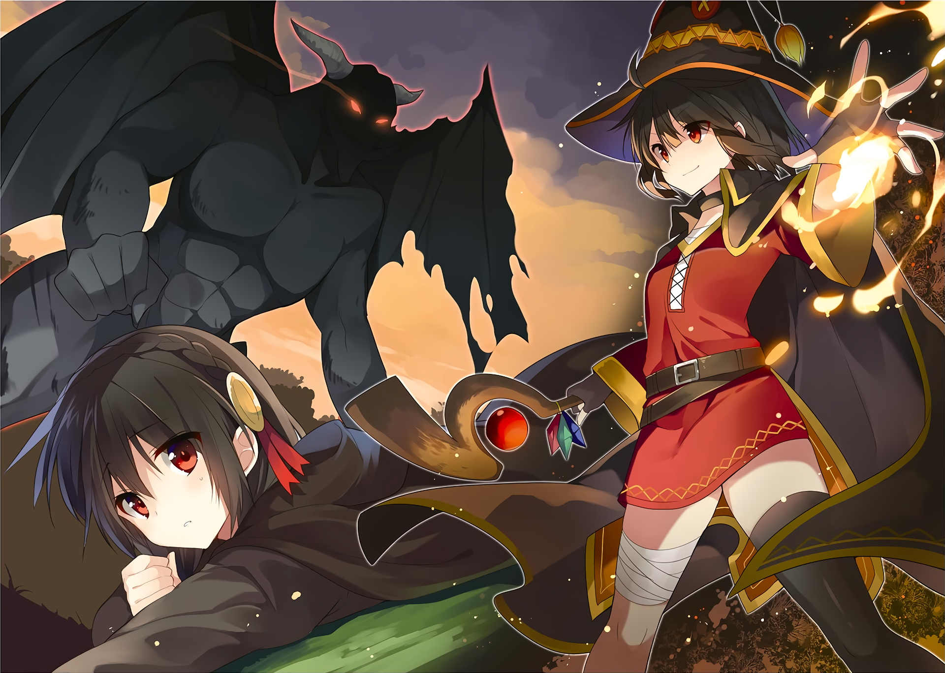 Megumin and Yunyun from KonoSuba with a demon HD Wallpaper