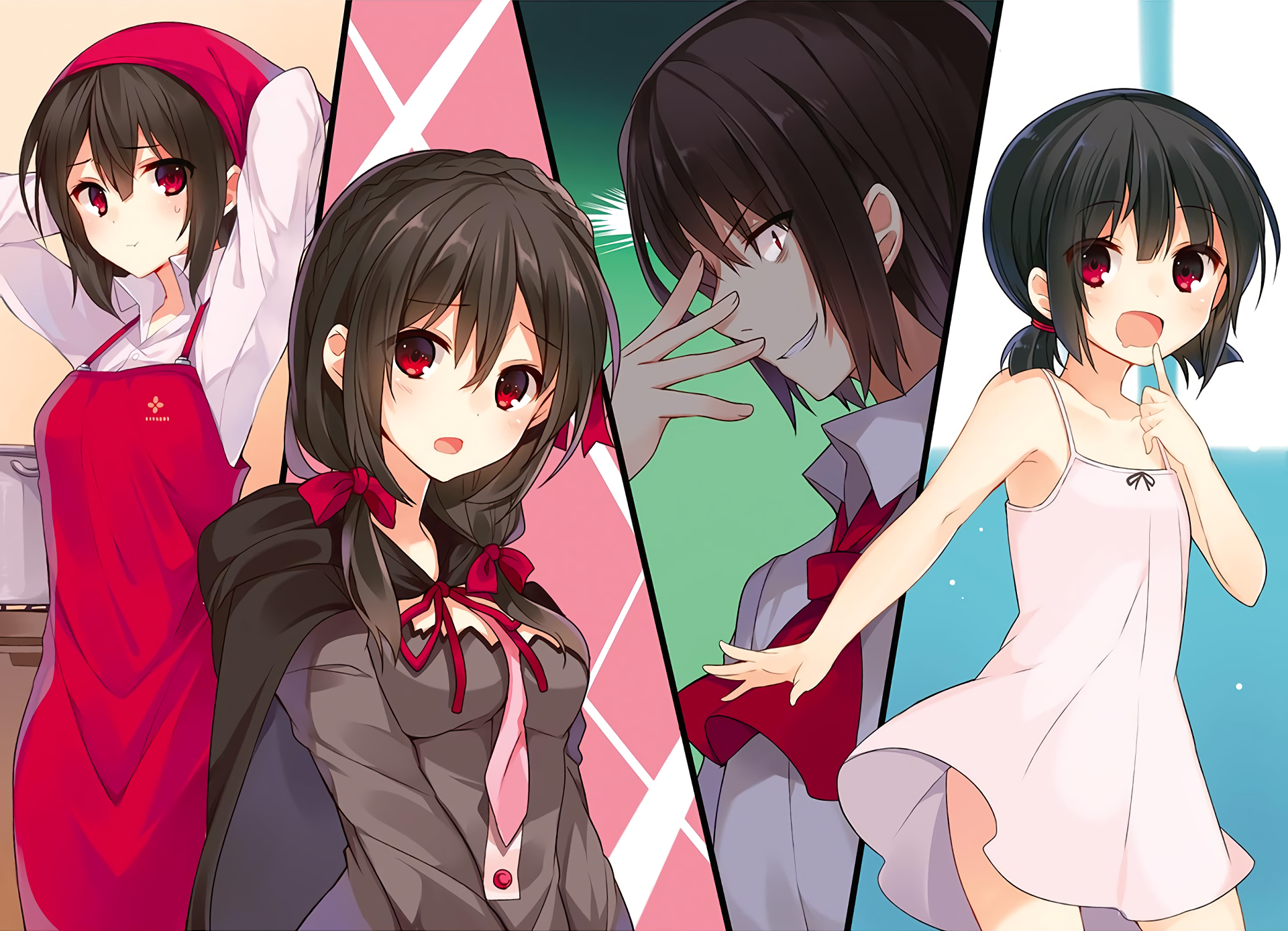 Yunyun from KonoSuba in four outfits HD Wallpaper