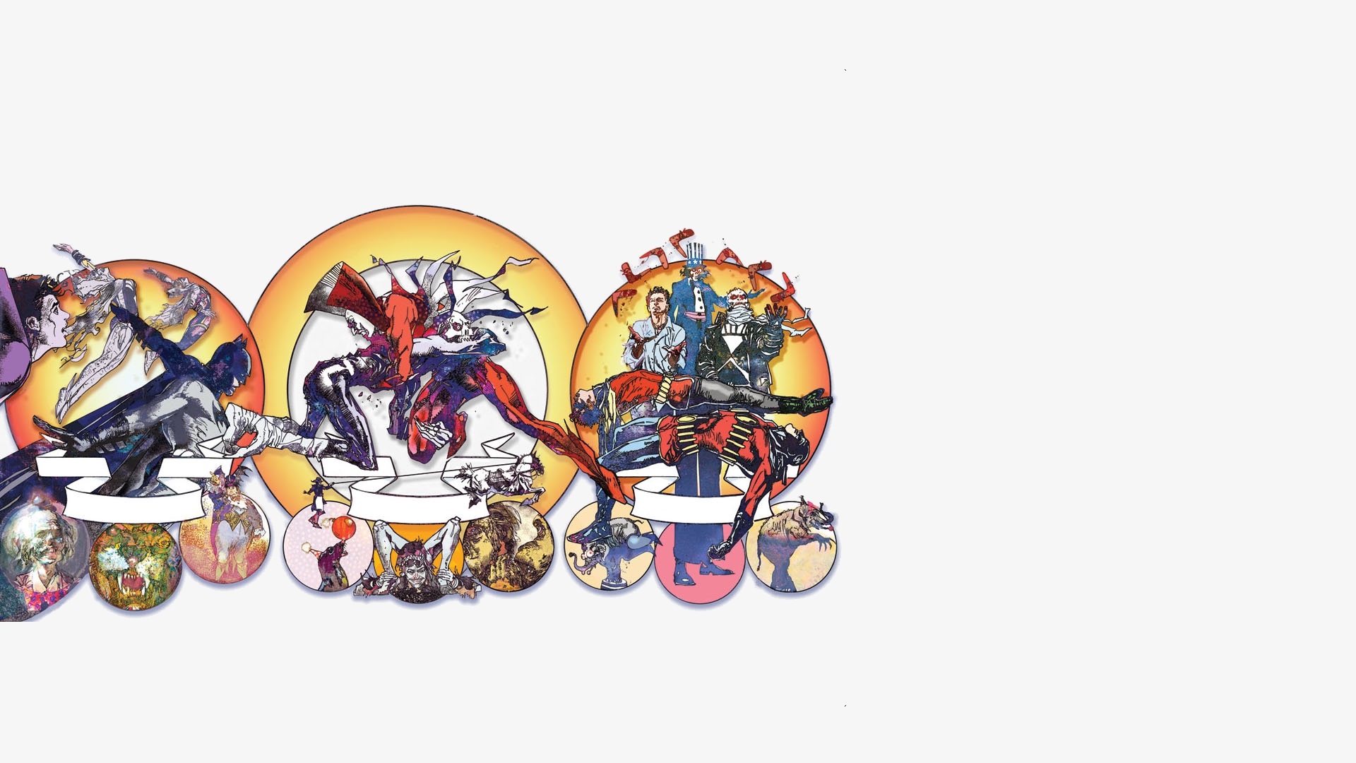 Comic book characters in circular panels HD Wallpaper