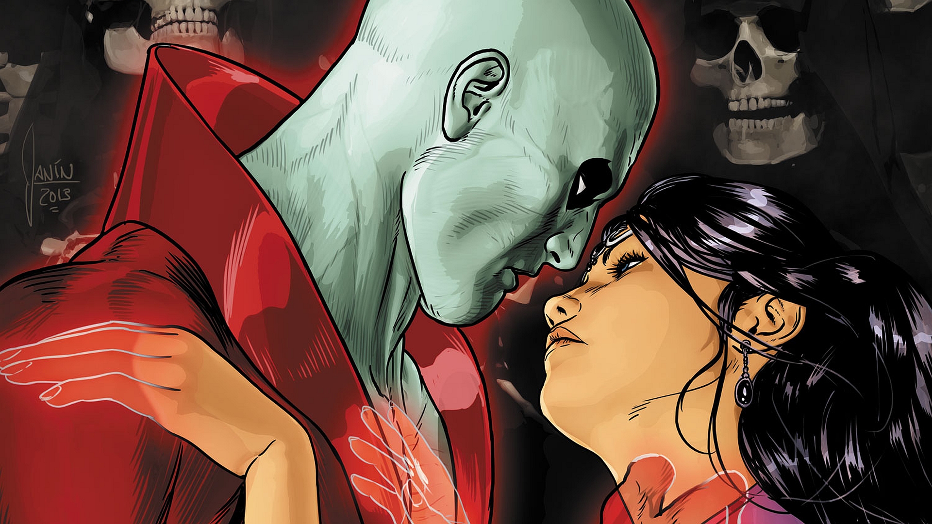 Deadman and a woman with skulls in the background HD Wallpaper