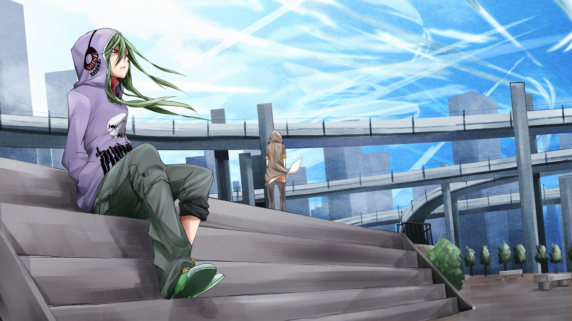 Tsubomi Kido sitting on stairs in urban environment HD Wallpaper