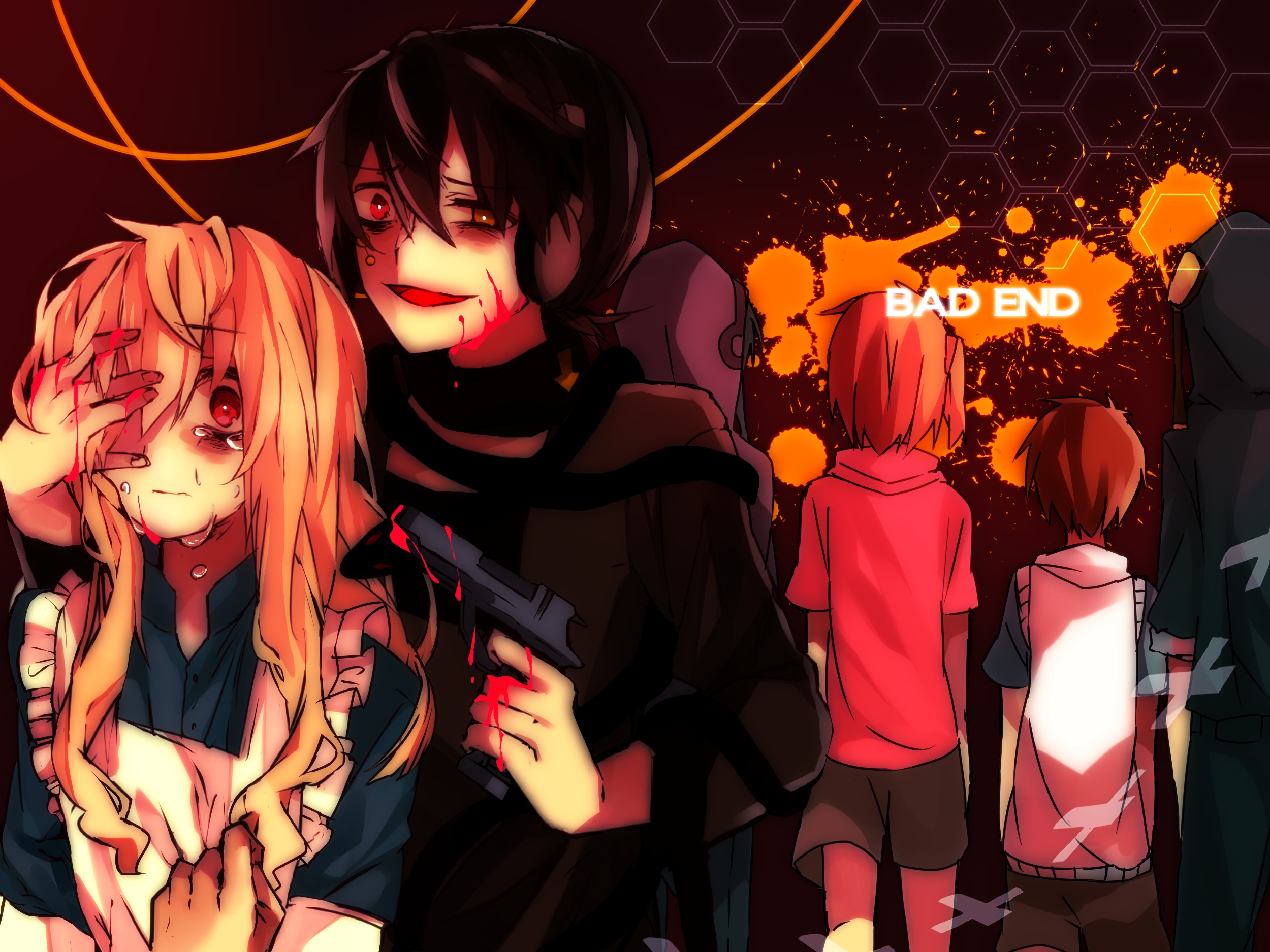 Bloody scene with characters and 'BAD END' text HD Wallpaper