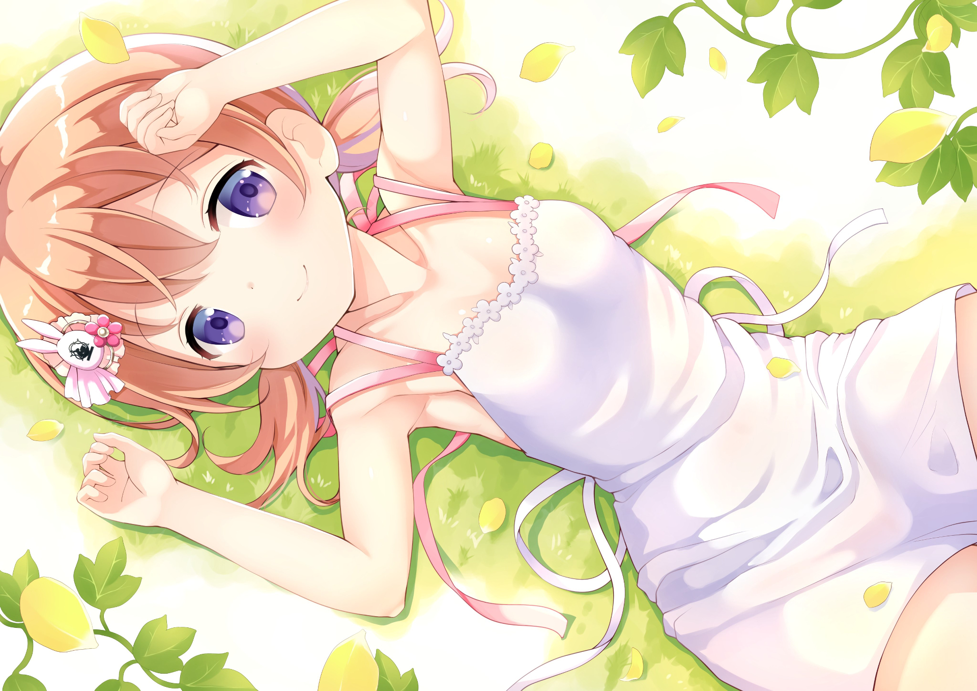 Kokoa Hoto lying on grass with lemons HD Wallpaper