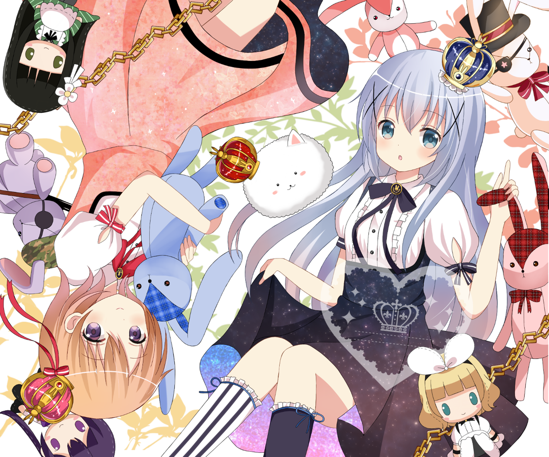 Anime girls with plush toys and crowns HD Wallpaper