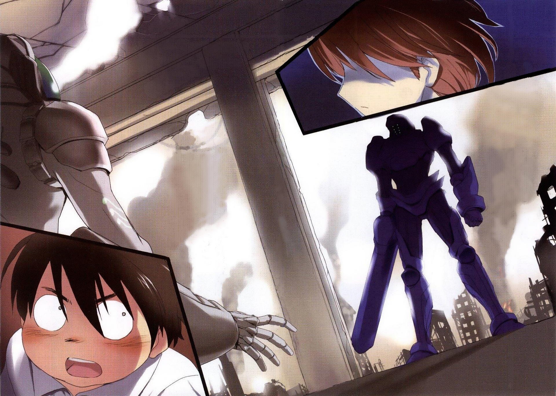 Haruyuki Arita and mecha in a destroyed city HD Wallpaper