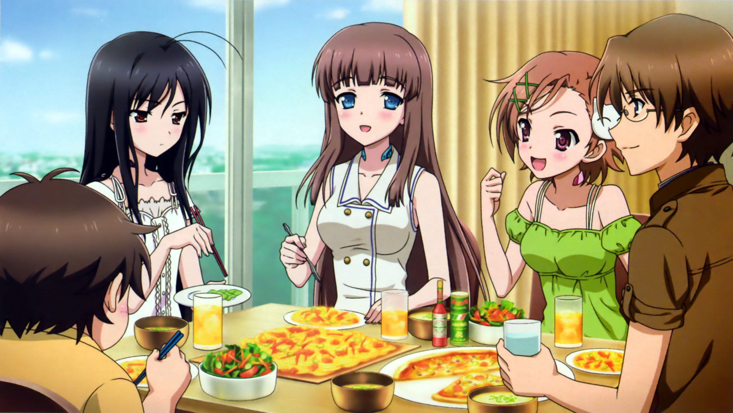 Group of friends eating pizza and salad HD Wallpaper