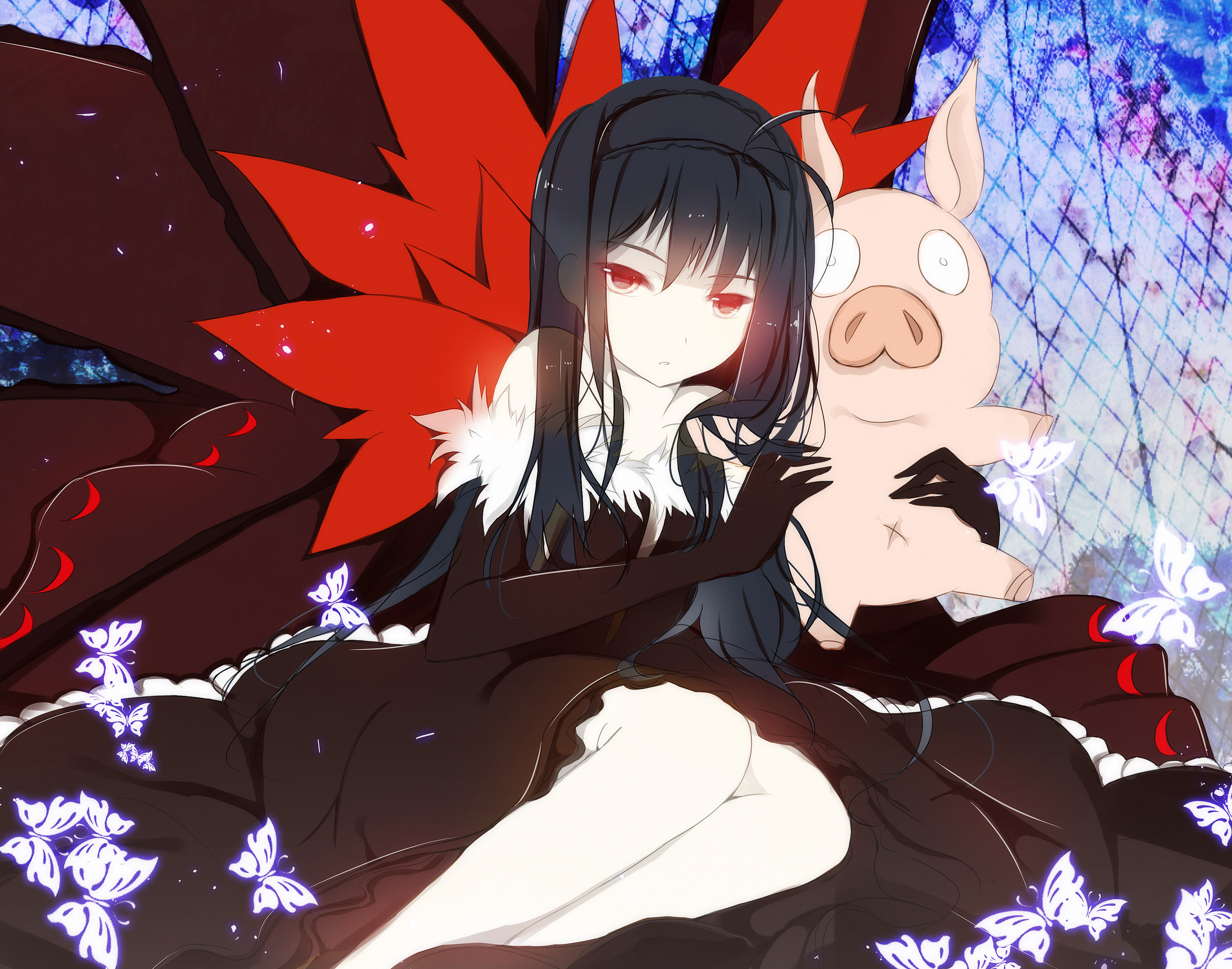 Girl with red eyes holding a pig plushie HD Wallpaper