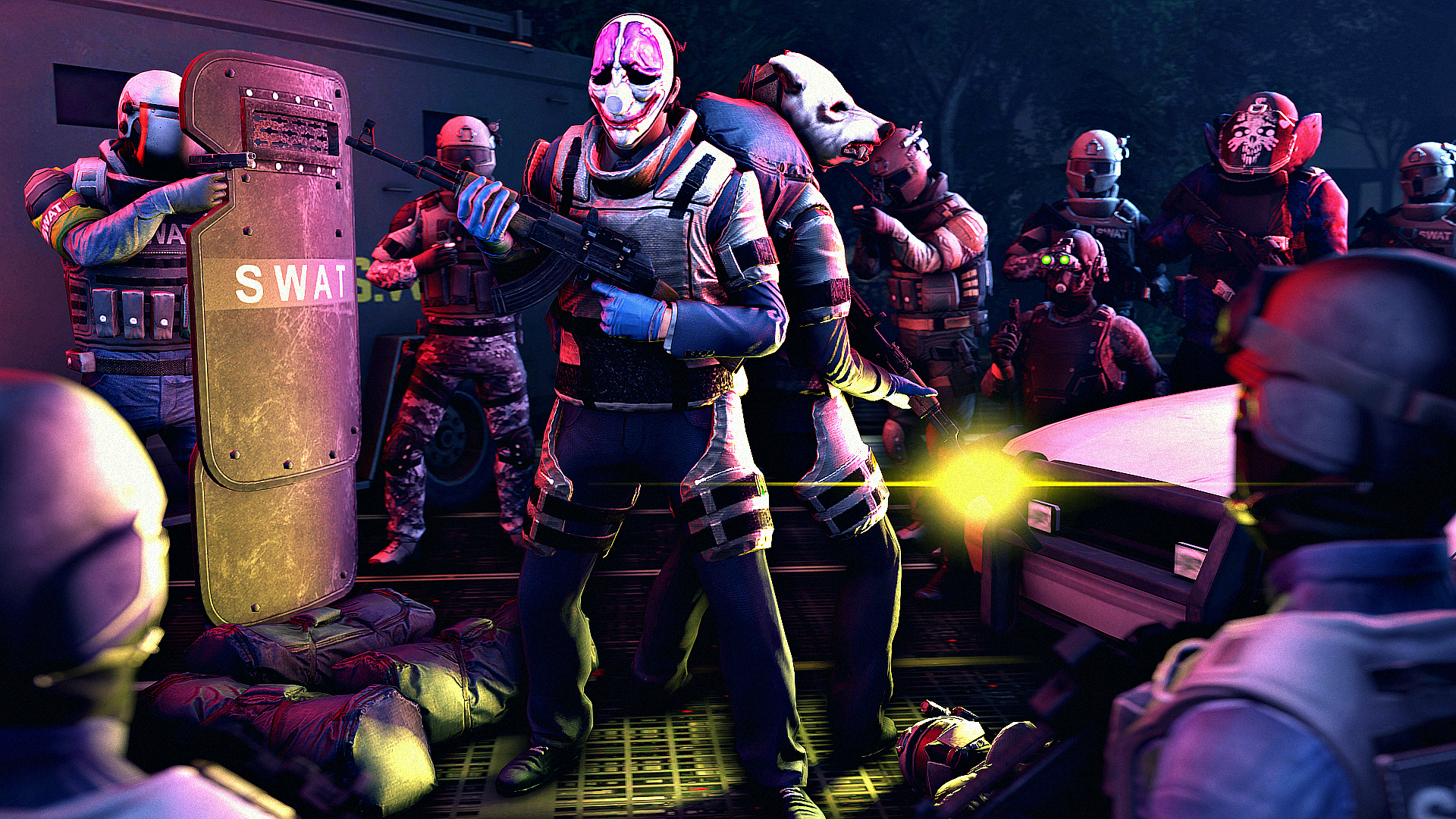 Wolf from Payday with SWAT officers and police car HD Wallpaper