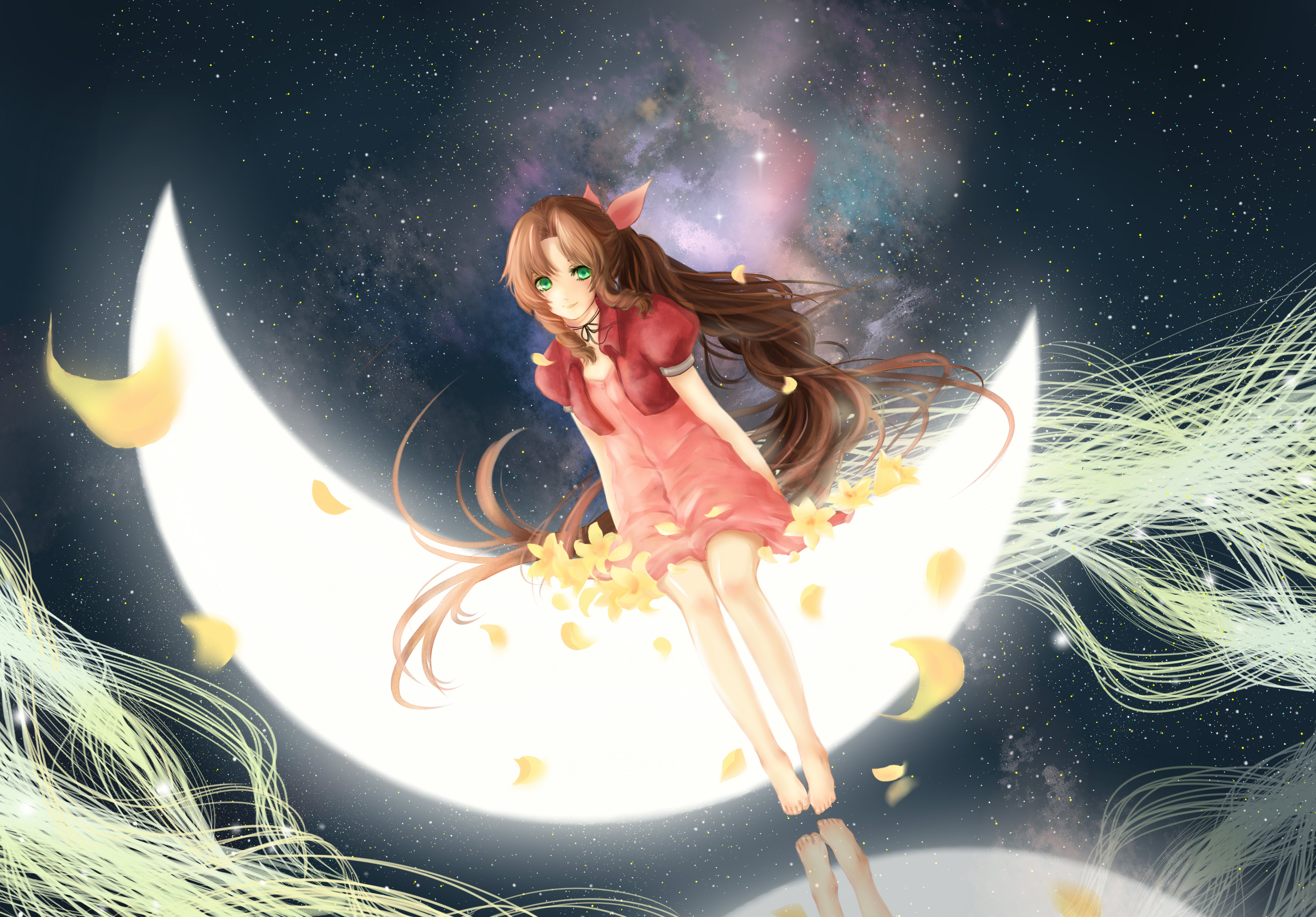 Aerith Gainsborough sitting on a crescent moon HD Wallpaper