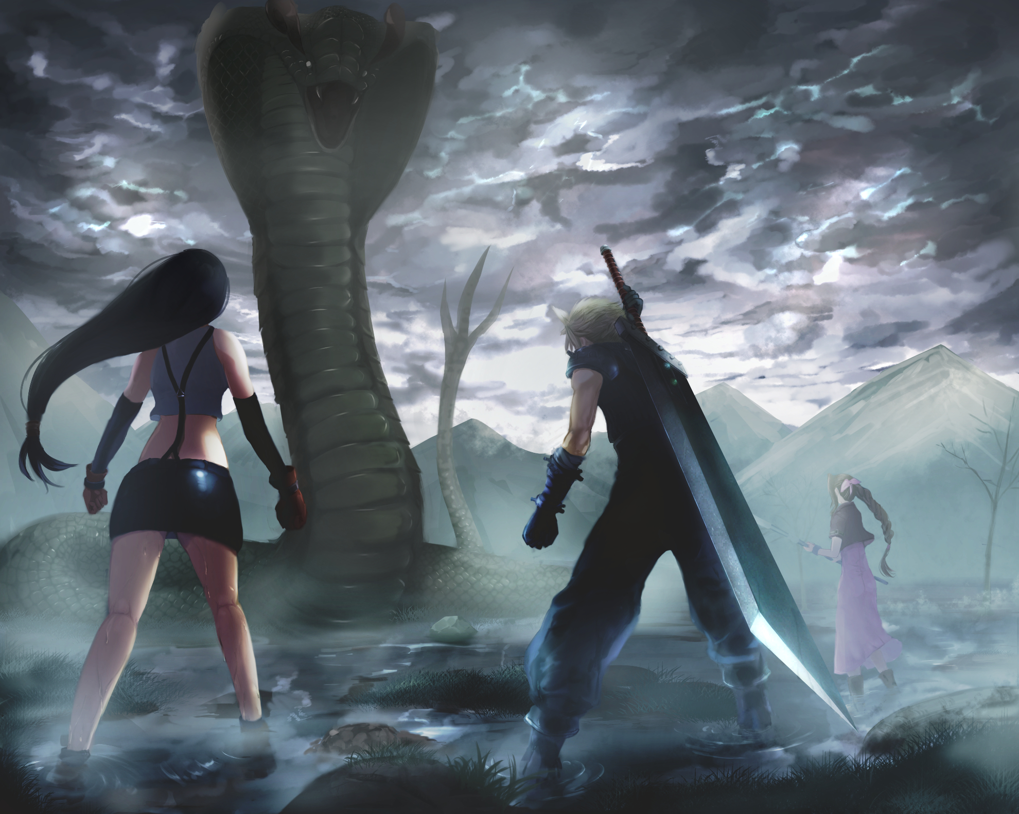 Cloud, Tifa, and Aerith confront a giant snake HD Wallpaper