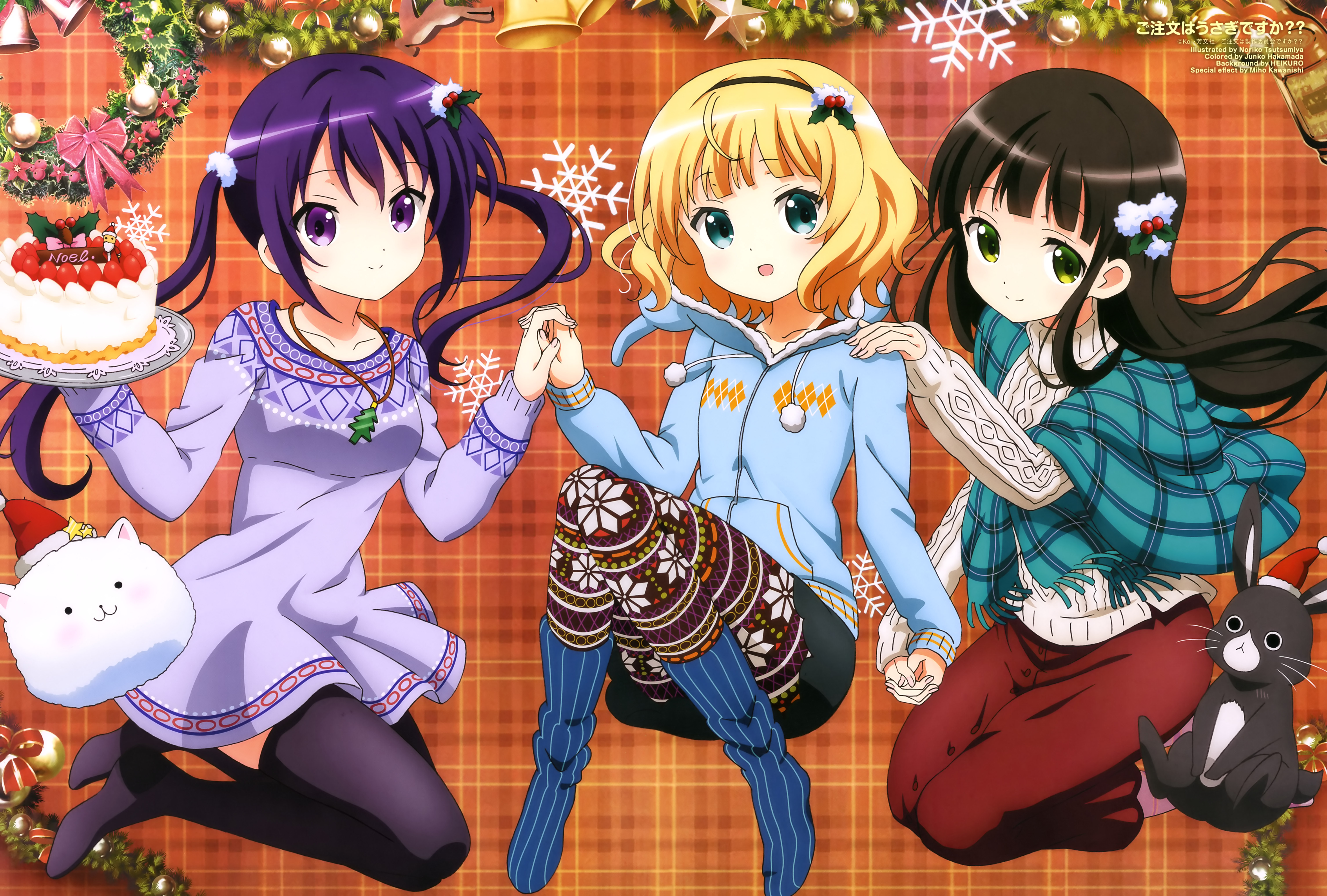 Three anime girls with Christmas cake and decorations HD Wallpaper
