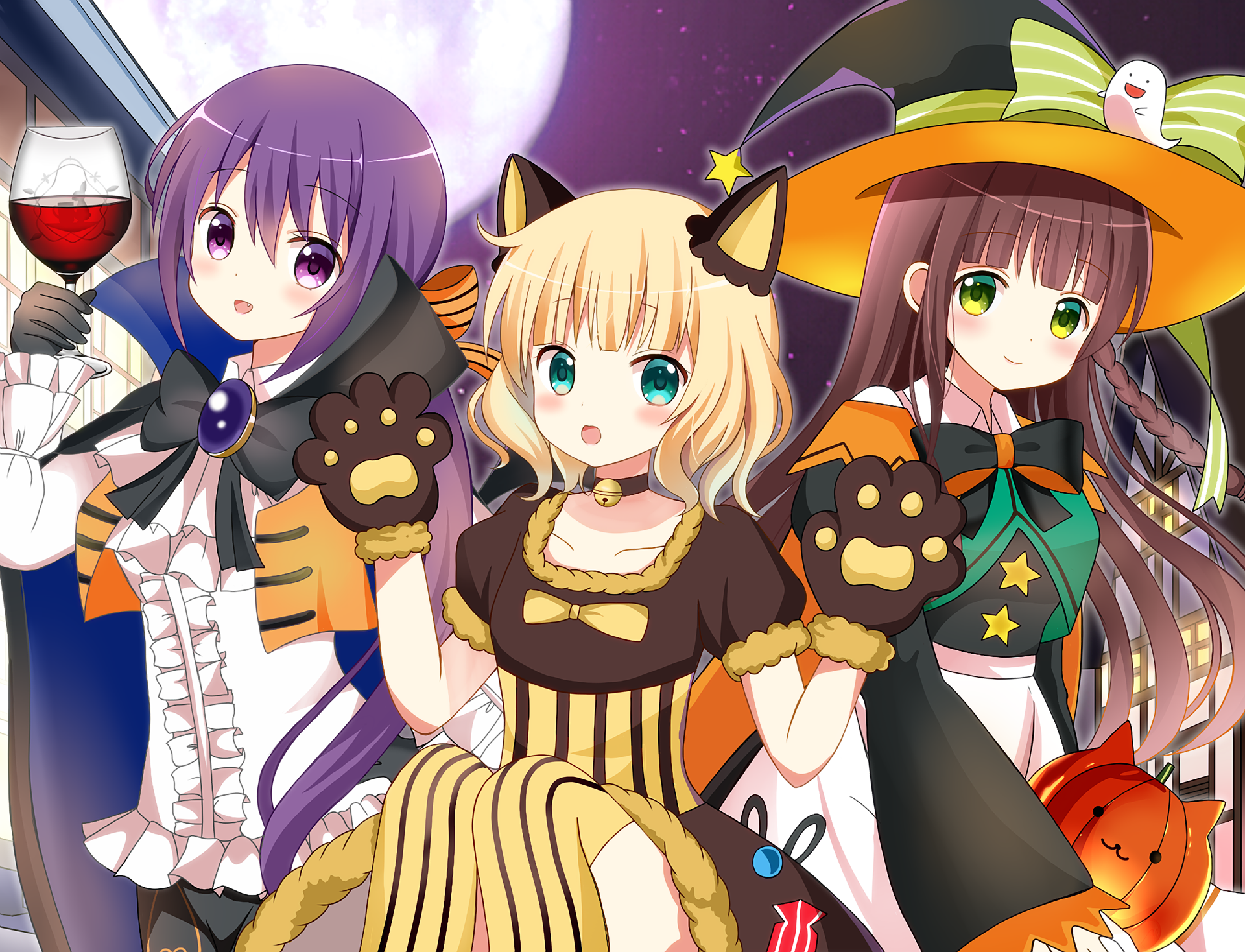 Anime girls in Halloween costumes with pumpkins HD Wallpaper