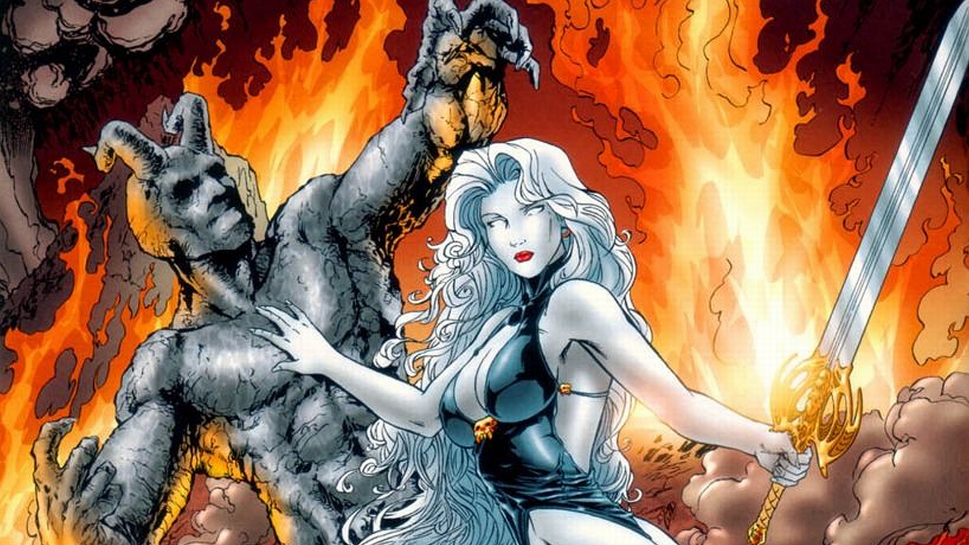 Lady Death and a demon in flames HD Wallpaper